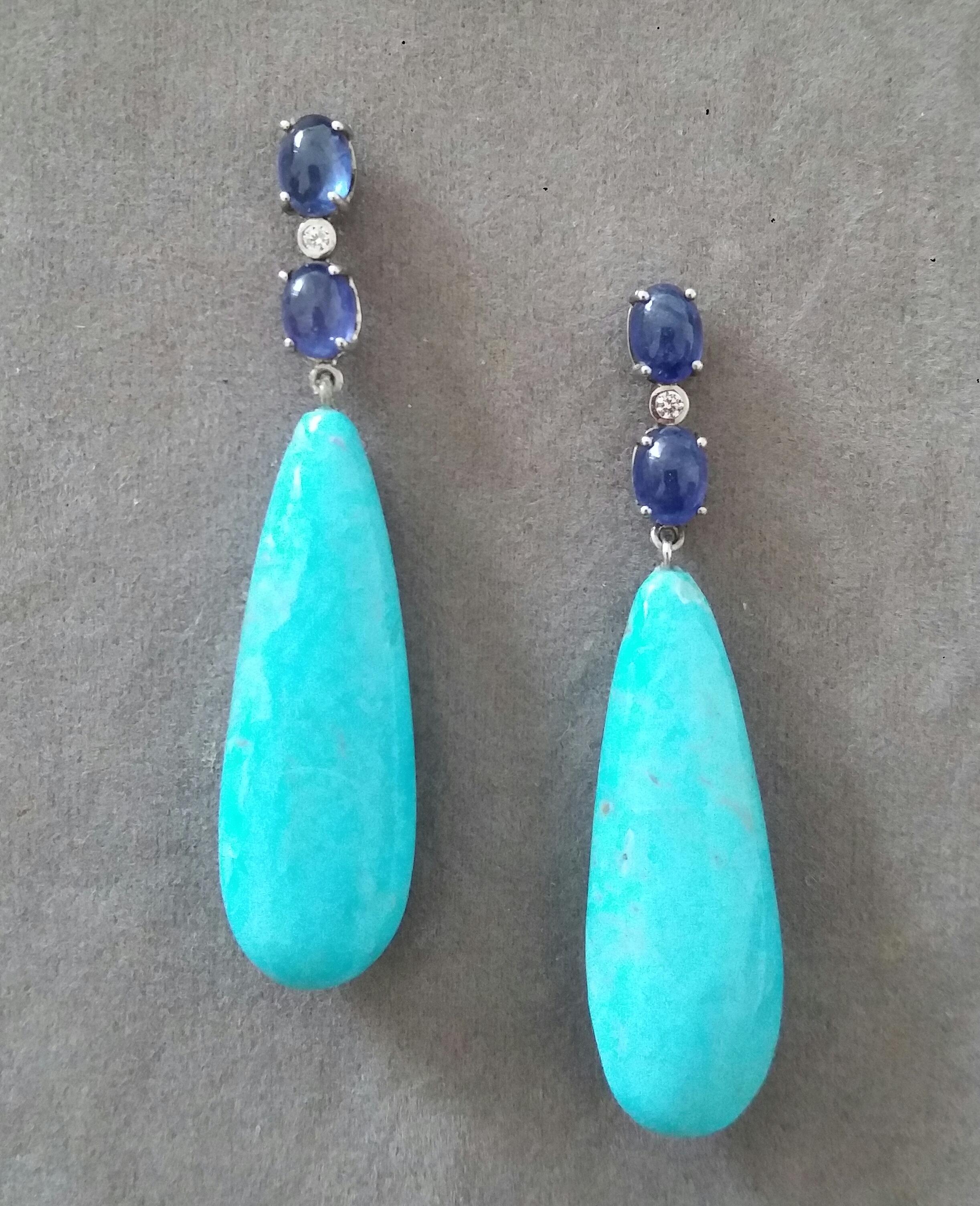 Arts and Crafts 4 Blue Sapphire Oval Cabs Gold Diamonds 2 Drops Shape Genuine Turquoise Earrings For Sale