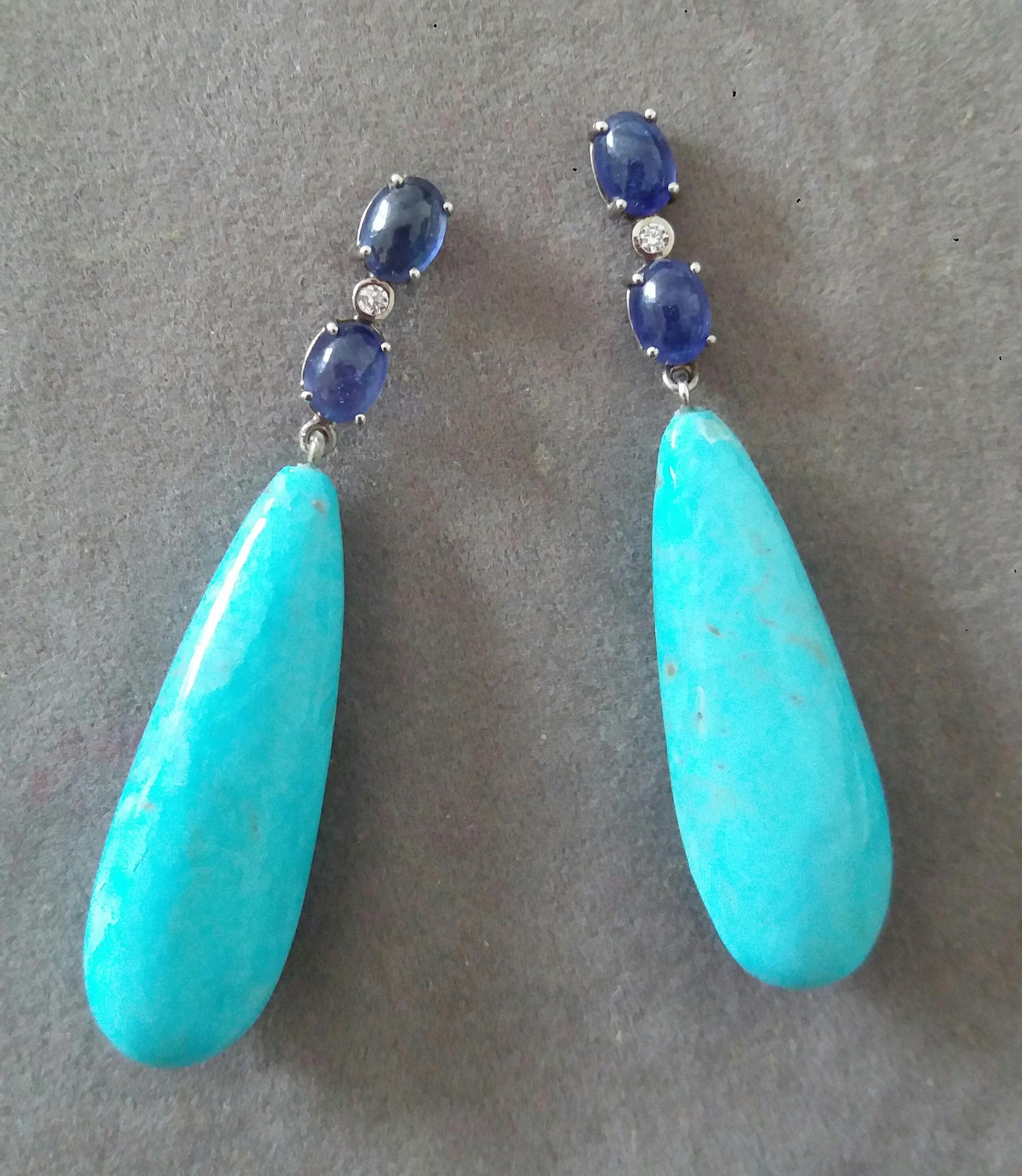 Mixed Cut 4 Blue Sapphire Oval Cabs Gold Diamonds 2 Drops Shape Genuine Turquoise Earrings For Sale