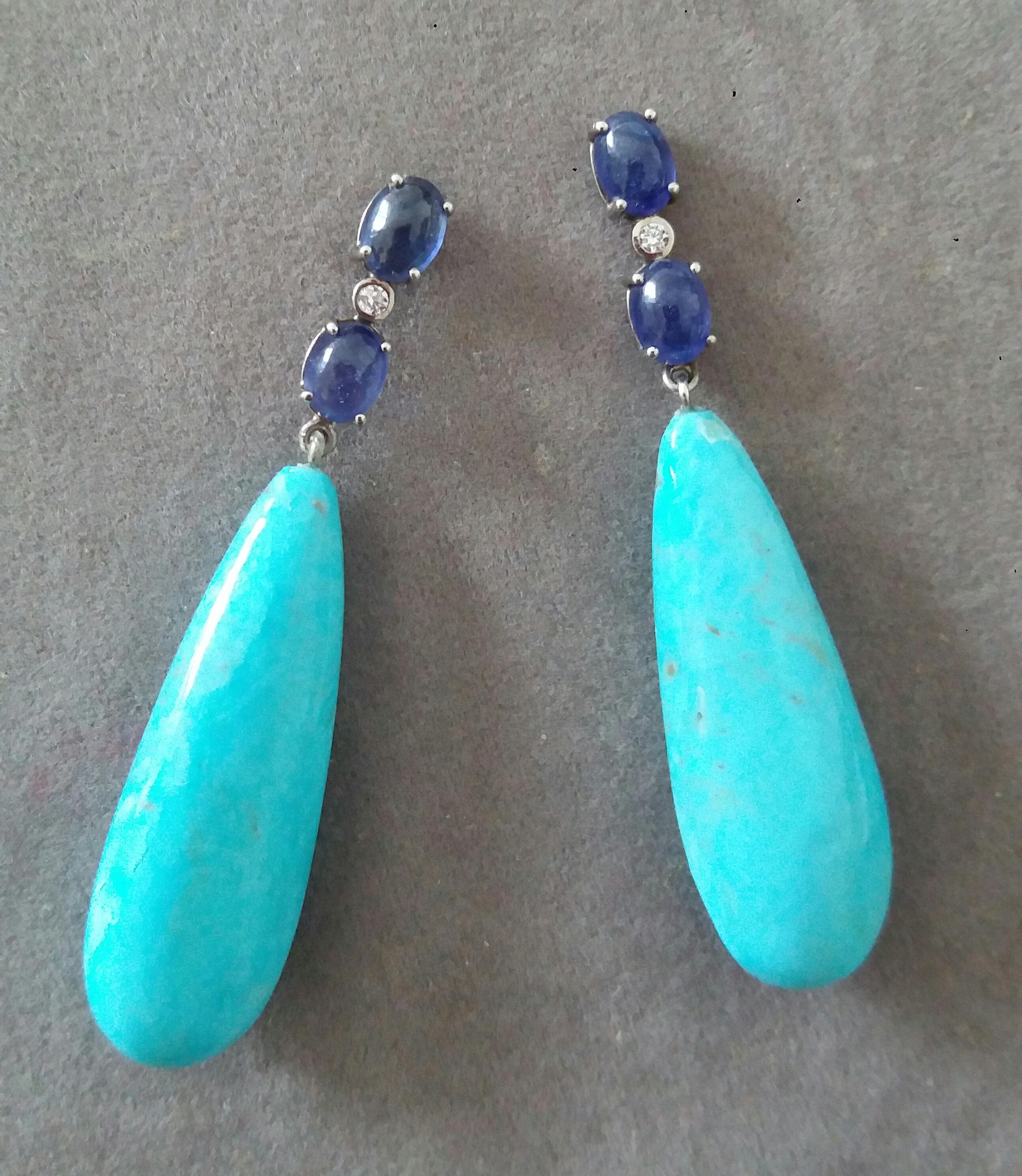 Taille mixte Boucles d'oreilles en or massif 14 carats avec turquoises véritables, saphirs bleus et cabas ovales et diamants en vente