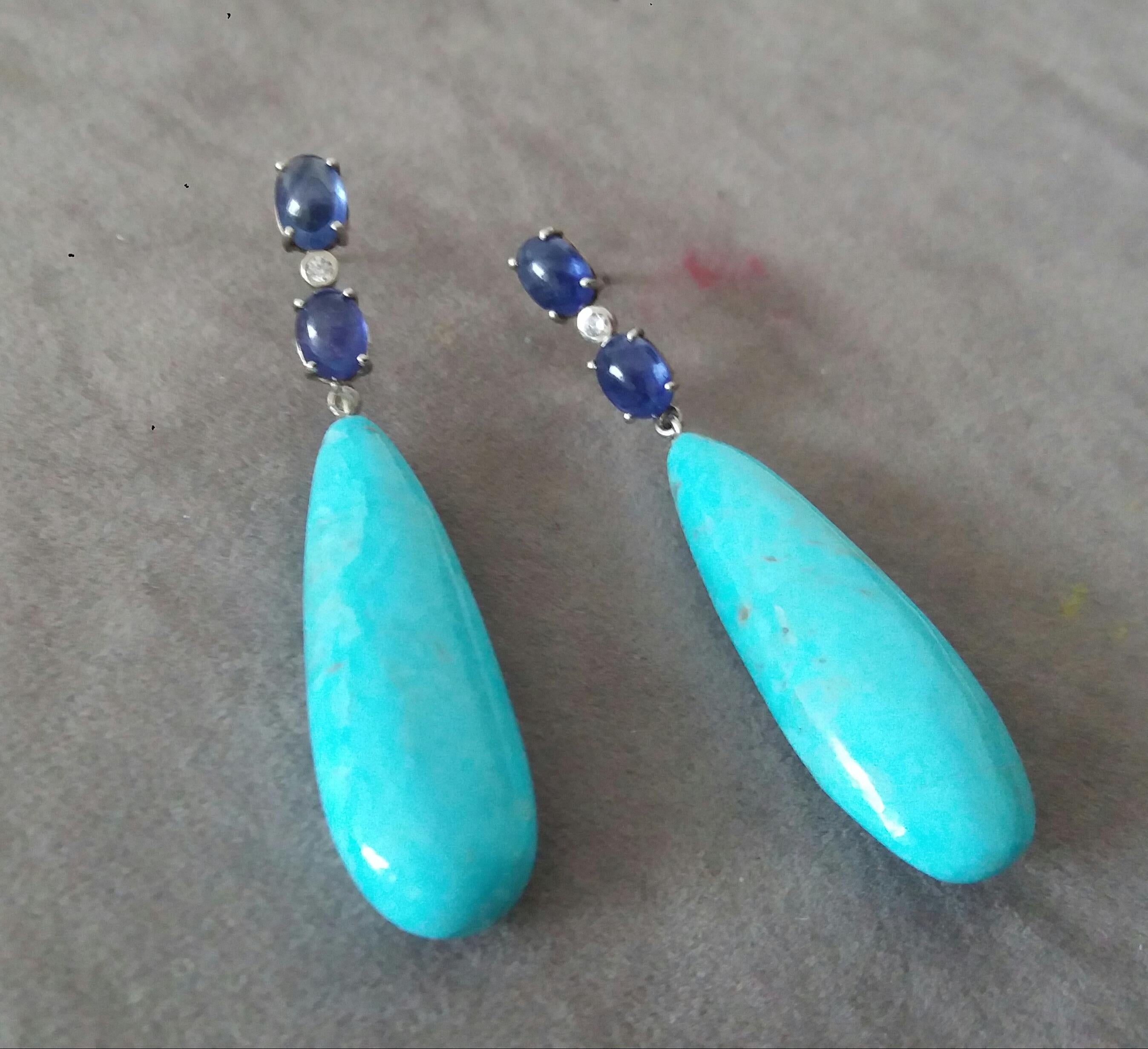4 Blue Sapphire Oval Cabs Gold Diamonds 2 Drops Shape Genuine Turquoise Earrings In New Condition For Sale In Bangkok, TH