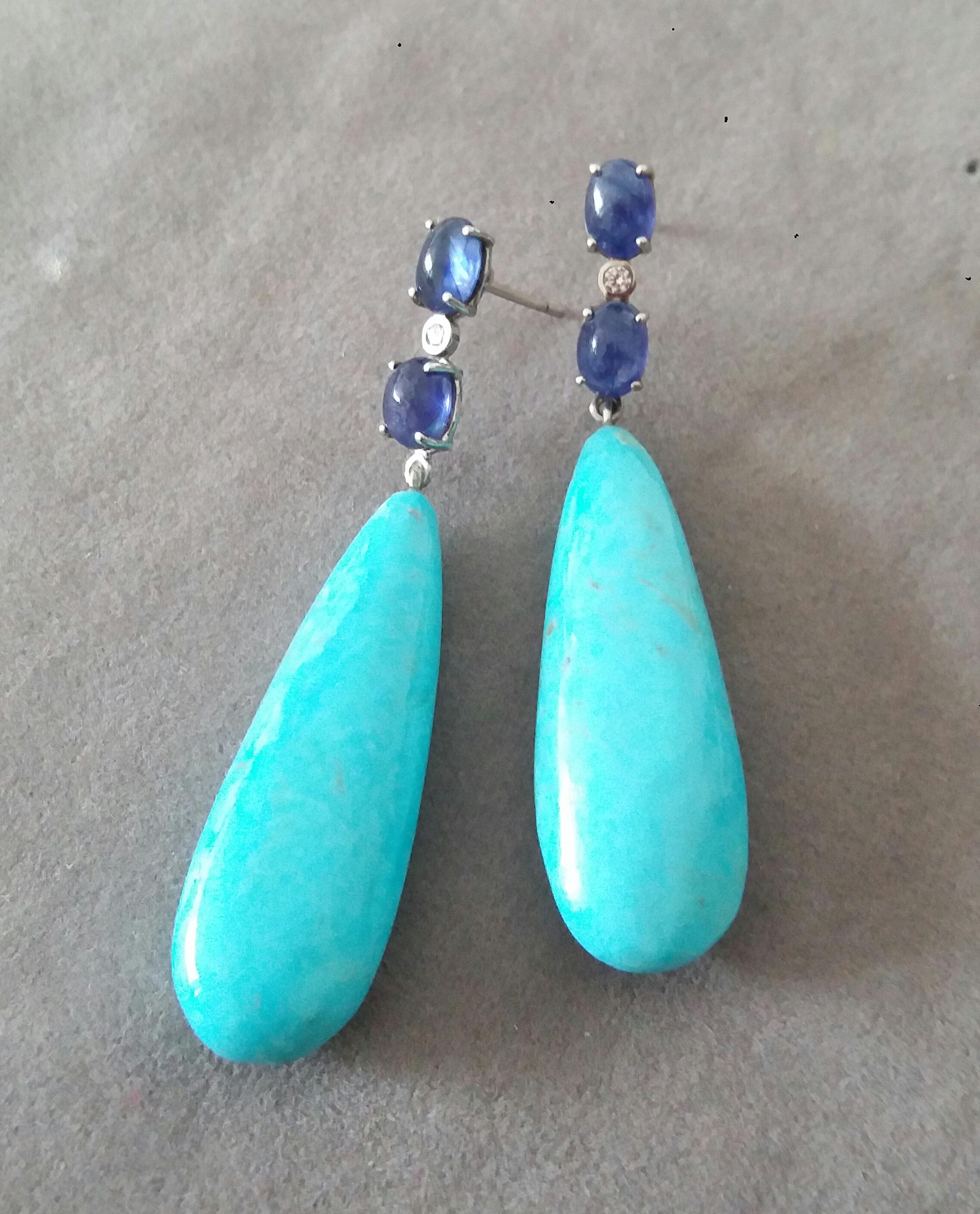 Boucles d'oreilles en or massif 14 carats avec turquoises véritables, saphirs bleus et cabas ovales et diamants Pour femmes en vente