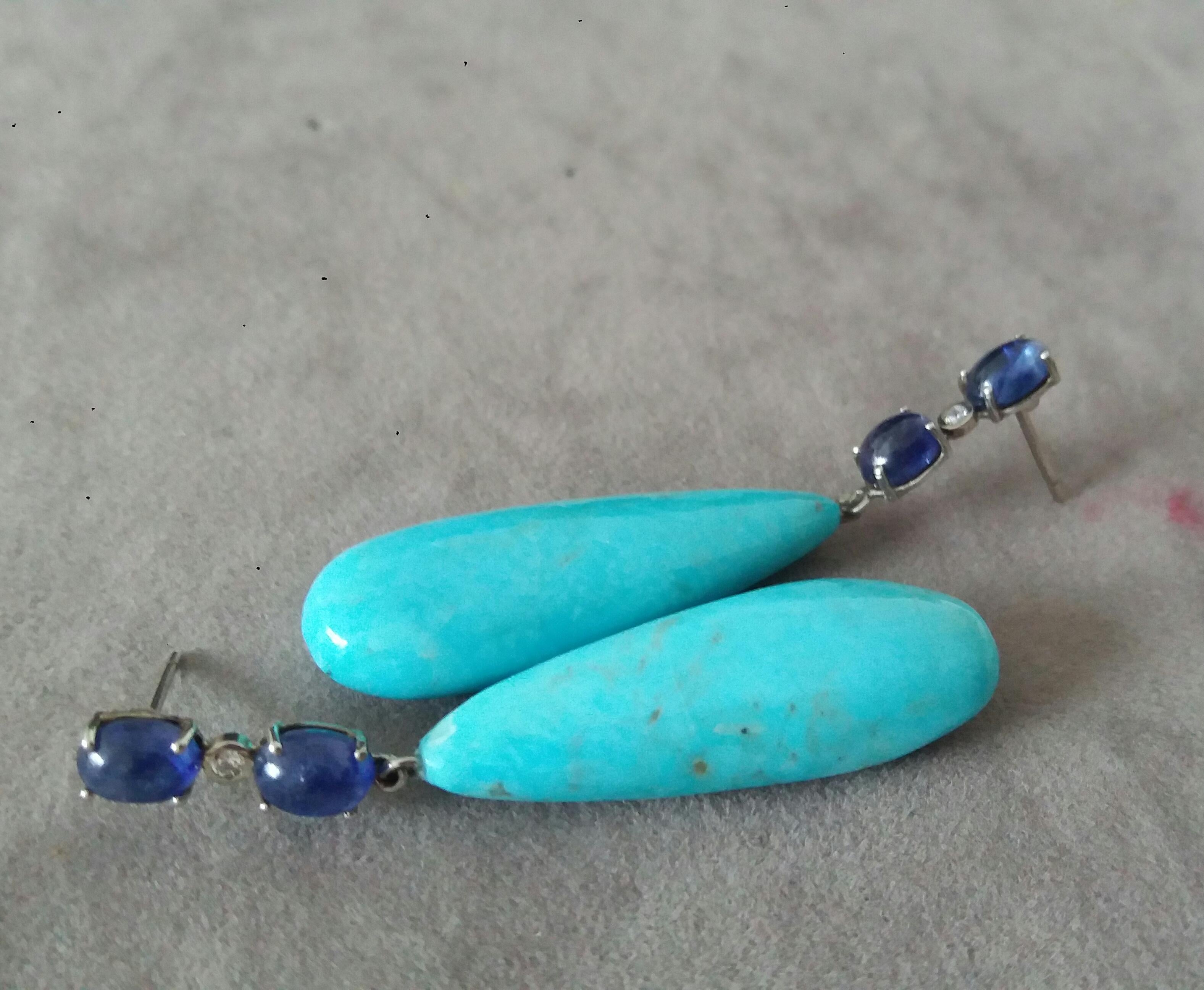 Boucles d'oreilles en or massif 14 carats avec turquoises véritables, saphirs bleus et cabas ovales et diamants en vente 1