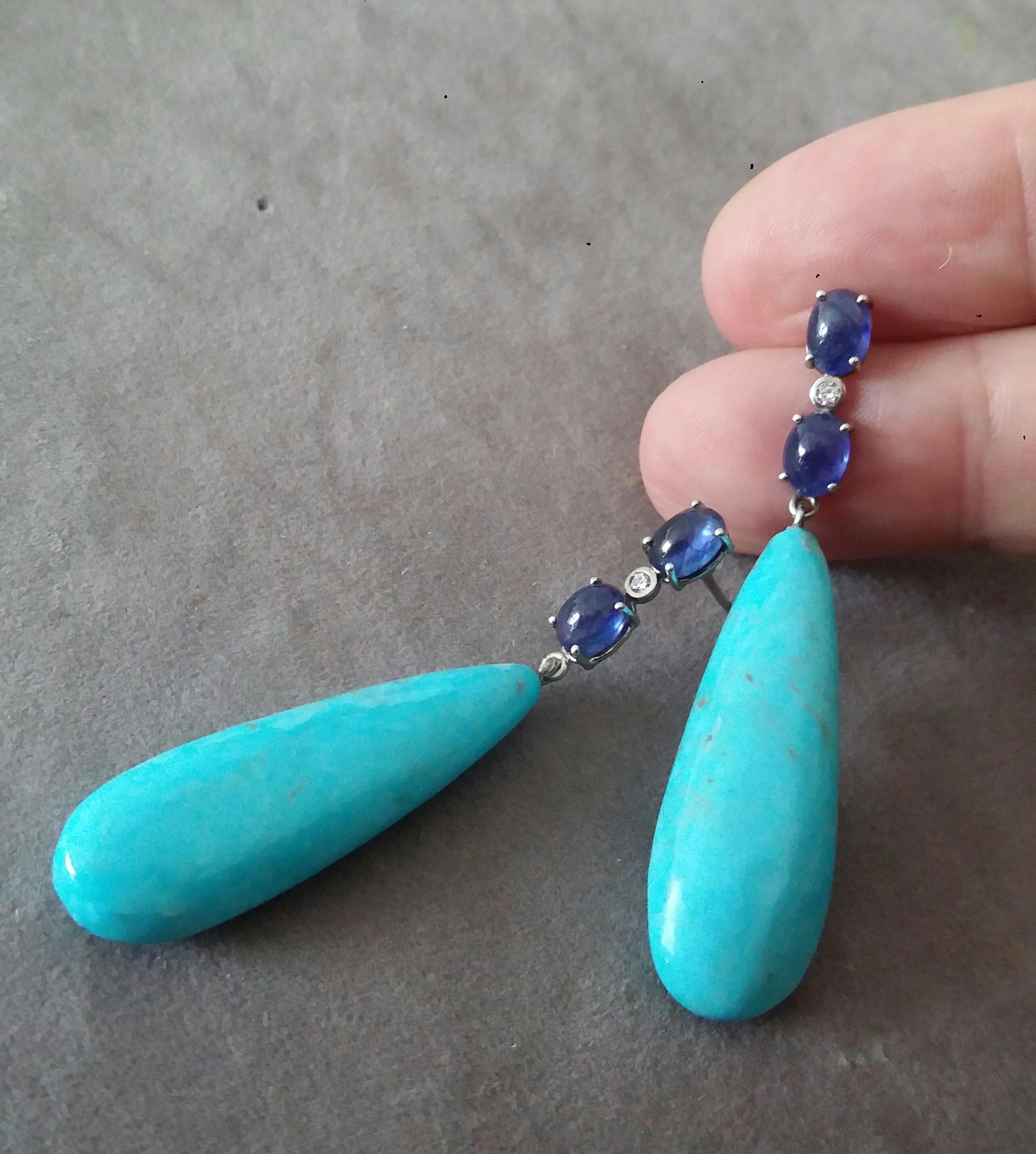 Boucles d'oreilles en or massif 14 carats avec turquoises véritables, saphirs bleus et cabas ovales et diamants en vente 2
