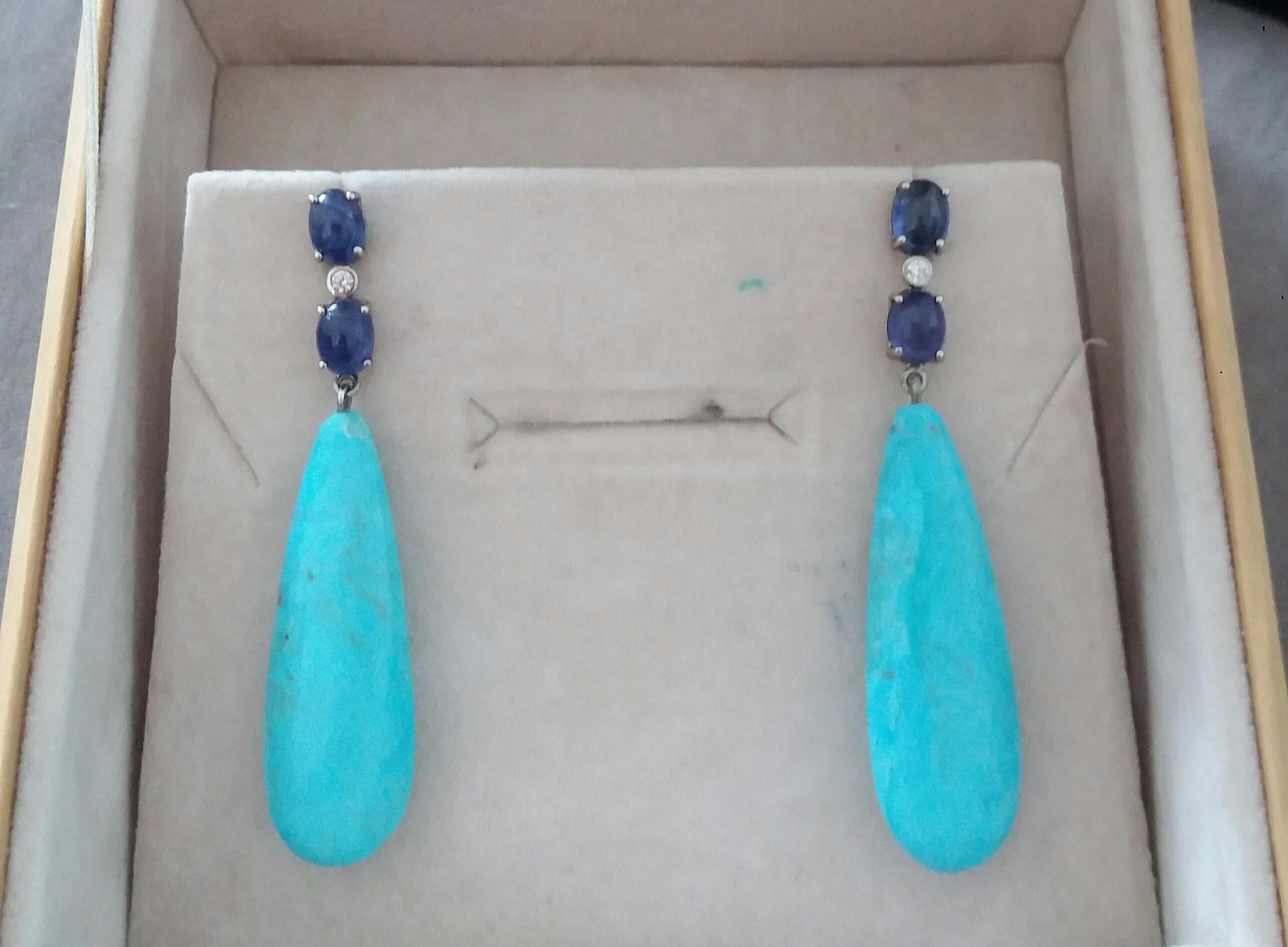 4 Blue Sapphire Oval Cabs Gold Diamonds 2 Drops Shape Genuine Turquoise Earrings For Sale 3