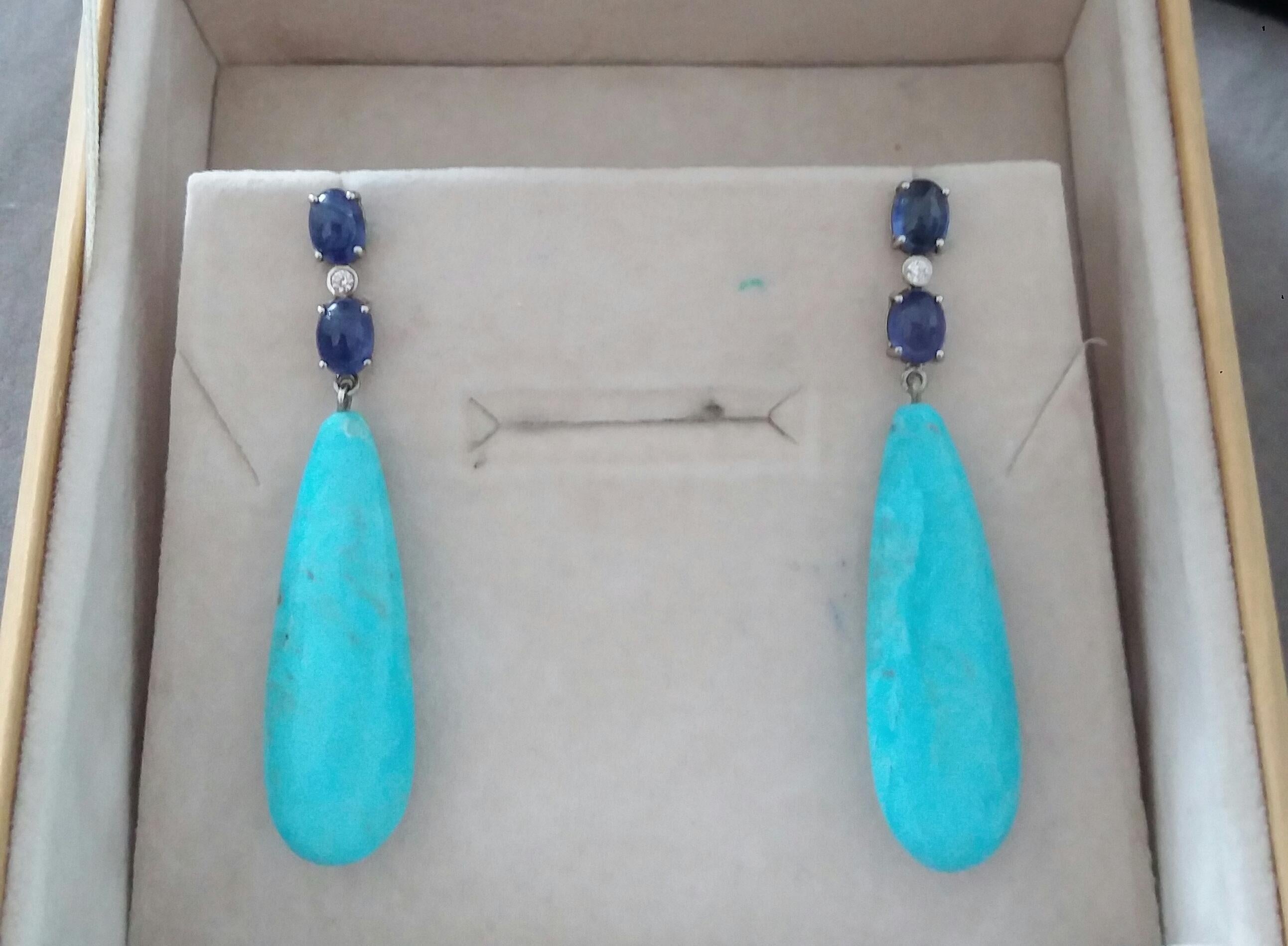 Boucles d'oreilles en or massif 14 carats avec turquoises véritables, saphirs bleus et cabas ovales et diamants en vente 3