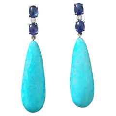Pendientes de oro macizo de 14 quilates con gotas de turquesa genuina Zafiro azul Cabujones ovalados Diamantes