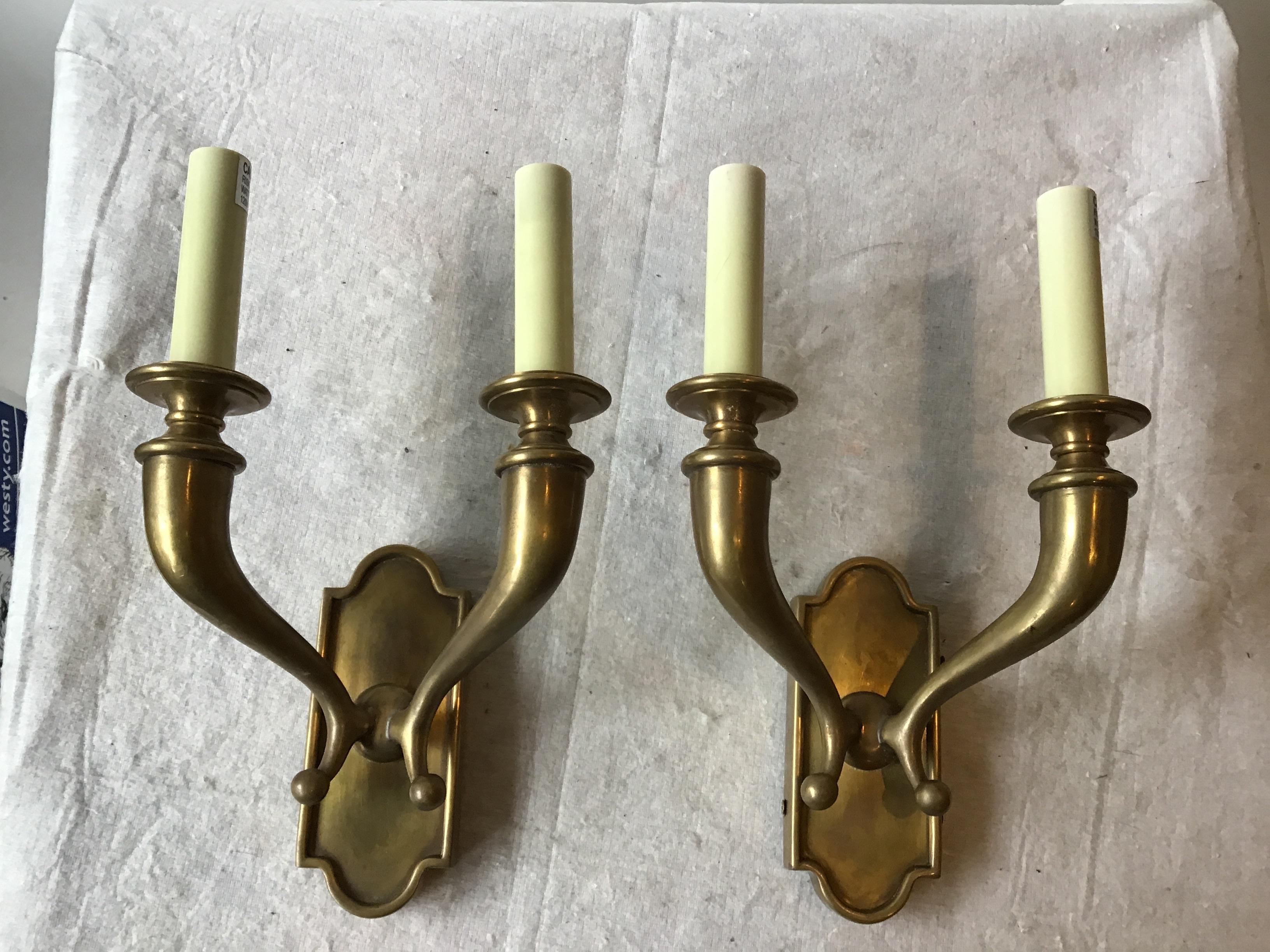 4 Brass Double Arm Horn Sconces In Good Condition In Tarrytown, NY