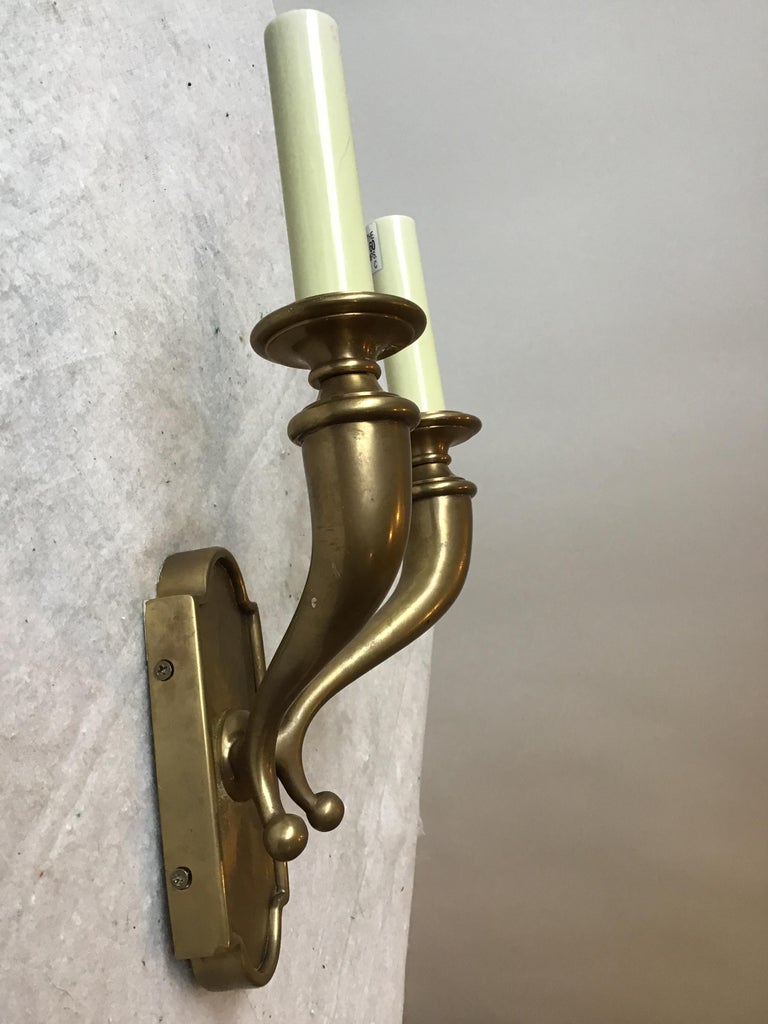 4 Brass Double Arm Horn Sconces For Sale 2