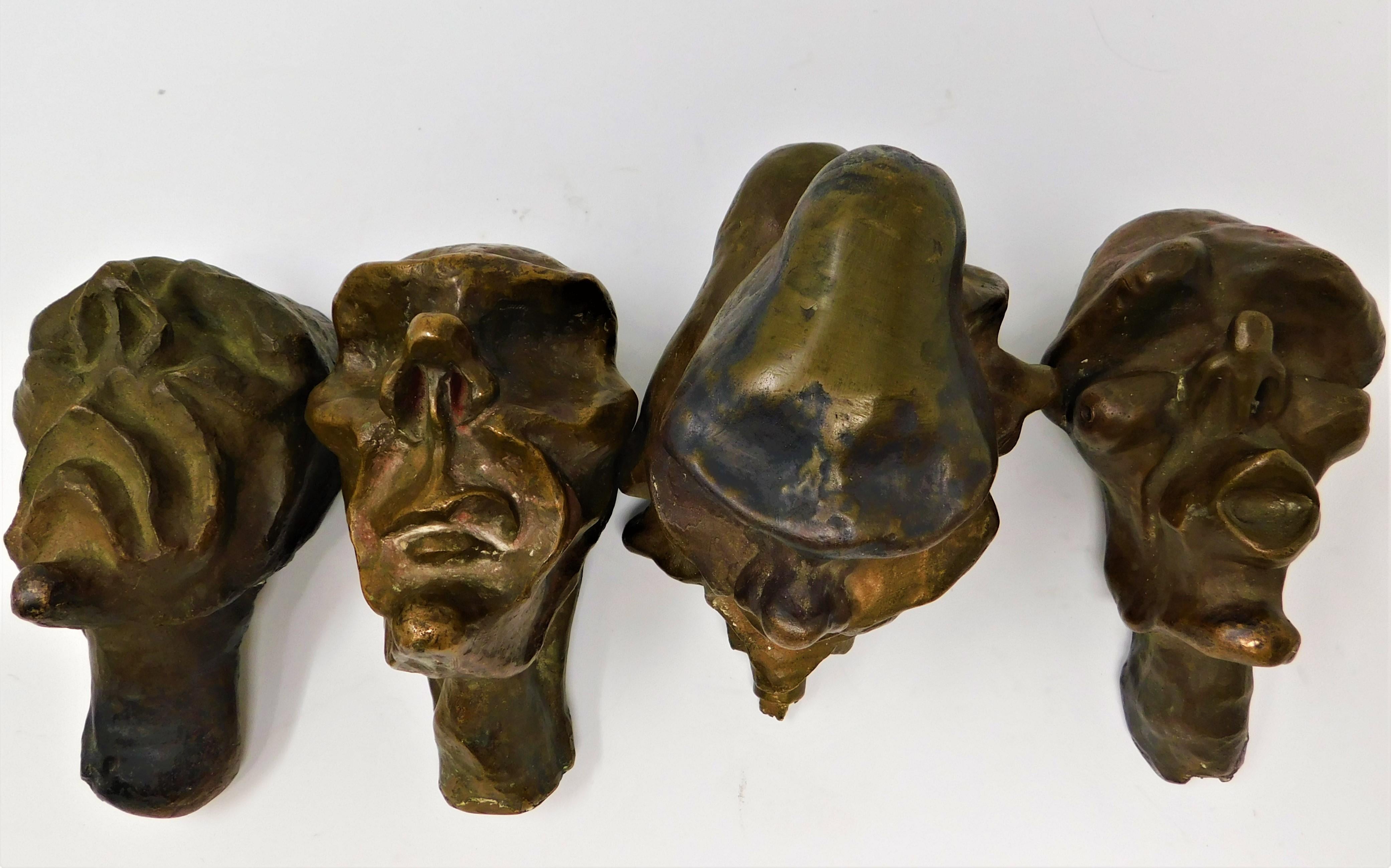 4 Bronze Brutalist Figurative Head Art Sculptures, Circa 1920 For Sale 1