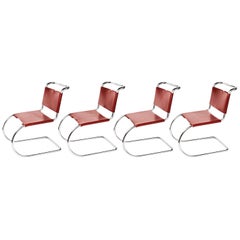 4 Brown Leather & Chrome Mies van der Rohe MR10 Chairs for Knoll International