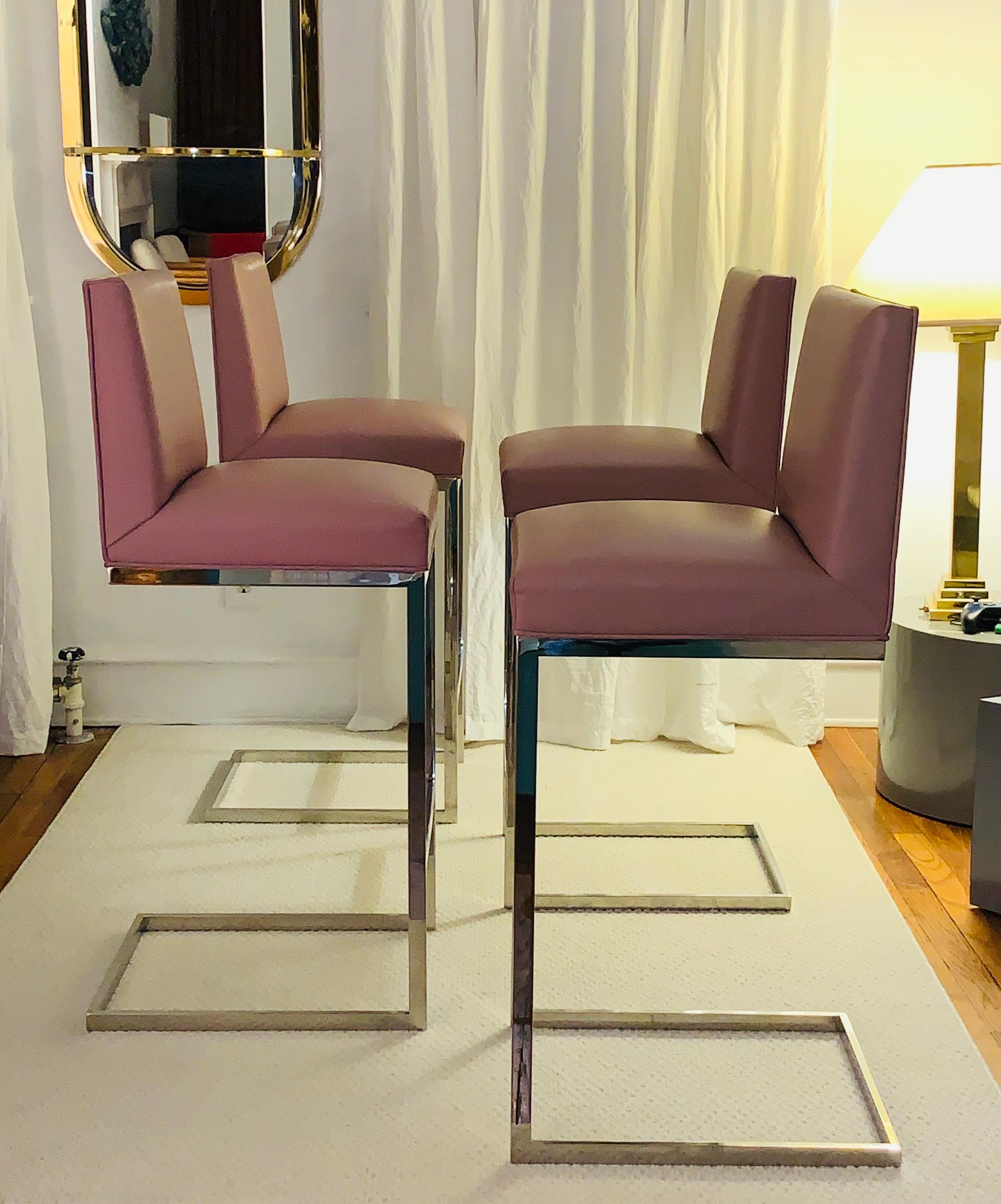 Brueton Polished Steel and Leather Bar Stools, set of 4, 1990s In Good Condition In West Reading, PA