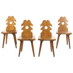 4 Brutalist Chairs in pine, circa 1950-1960