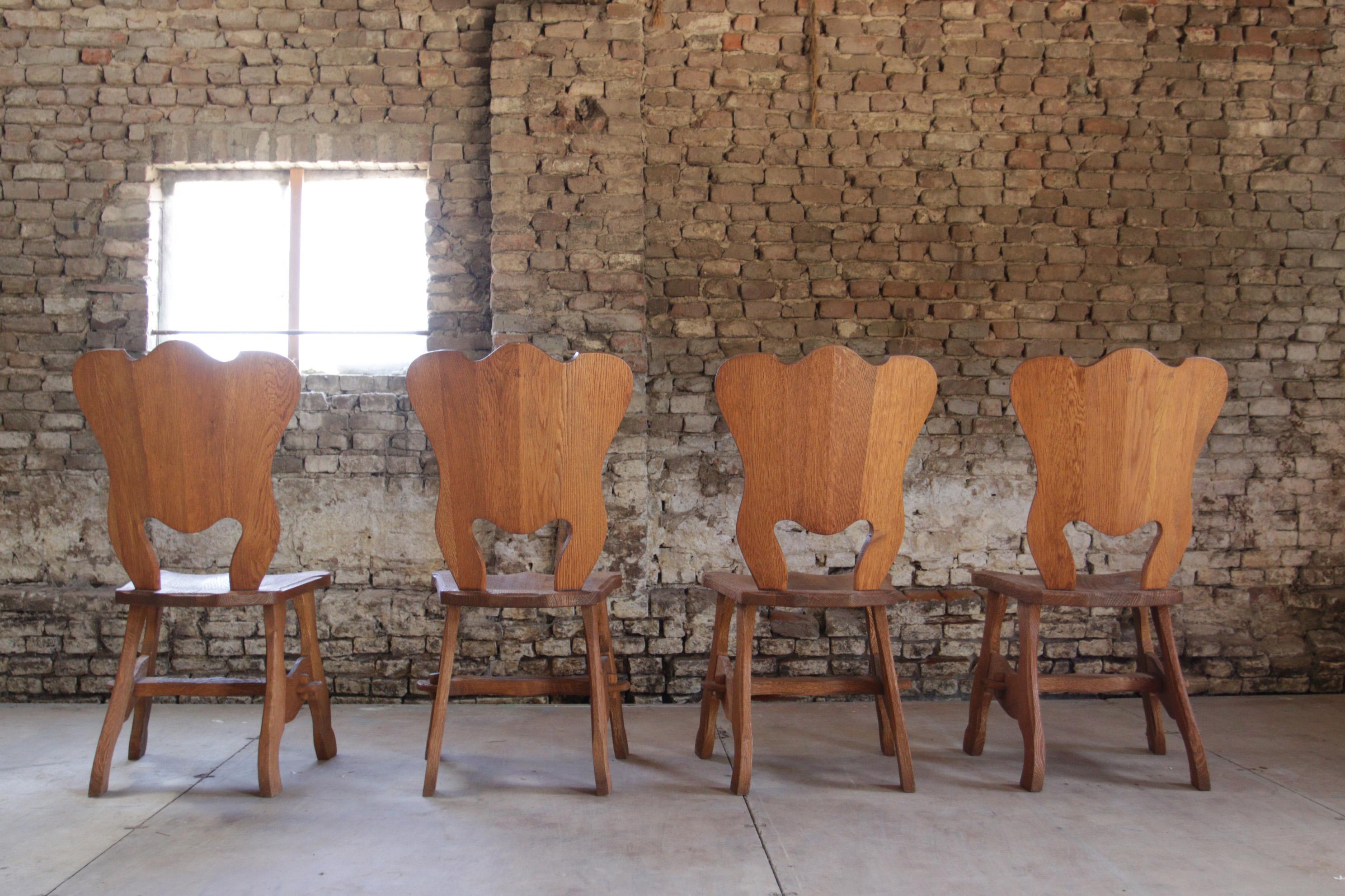 4 Brutalist Oak Dining Wabi Sabi Room Chairs In Good Condition For Sale In Boven Leeuwen, NL