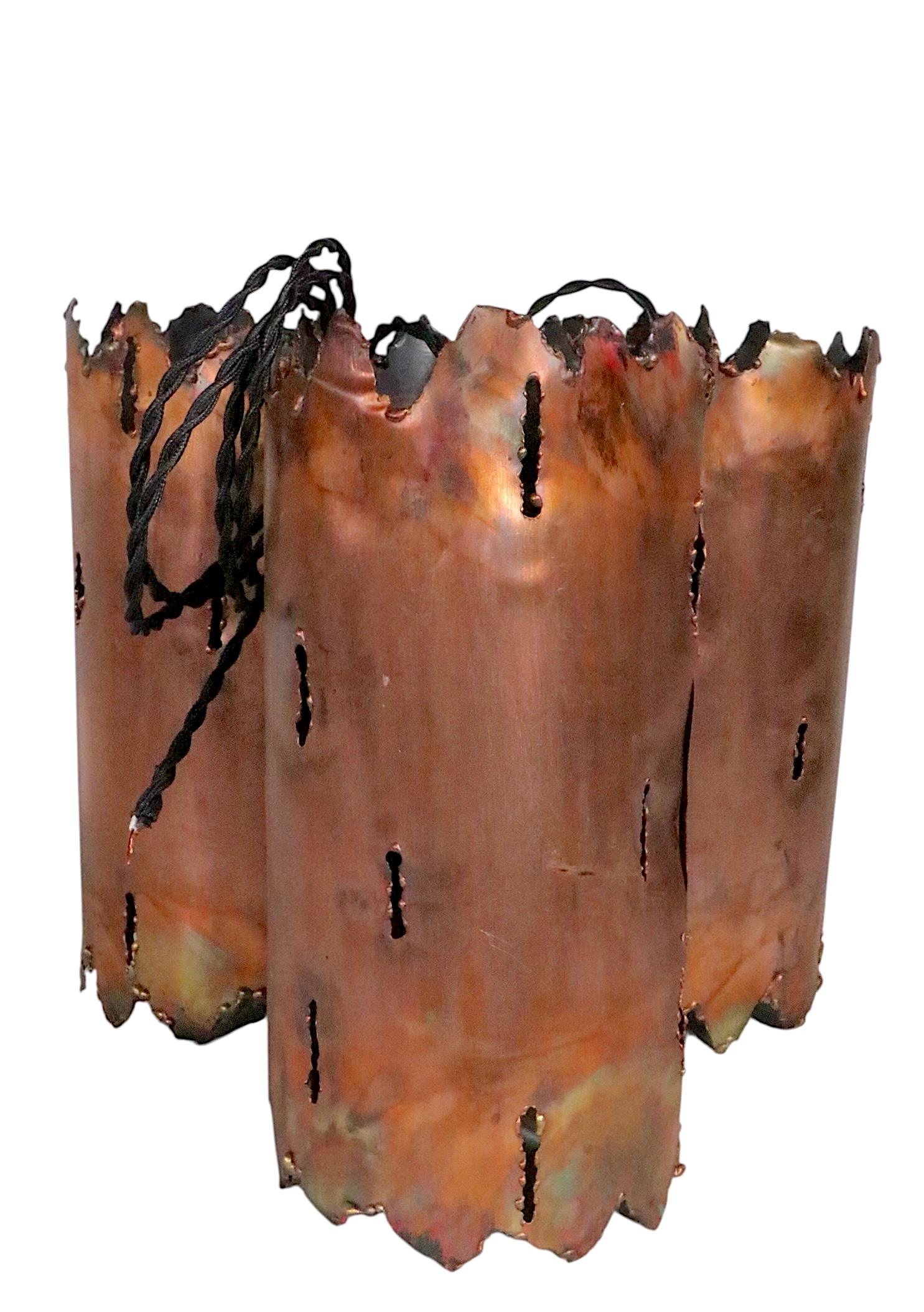American 4 Brutalist Torch Cut Copper Cylinder Pendant Table Lamp Fixtures att. Tom Geene For Sale