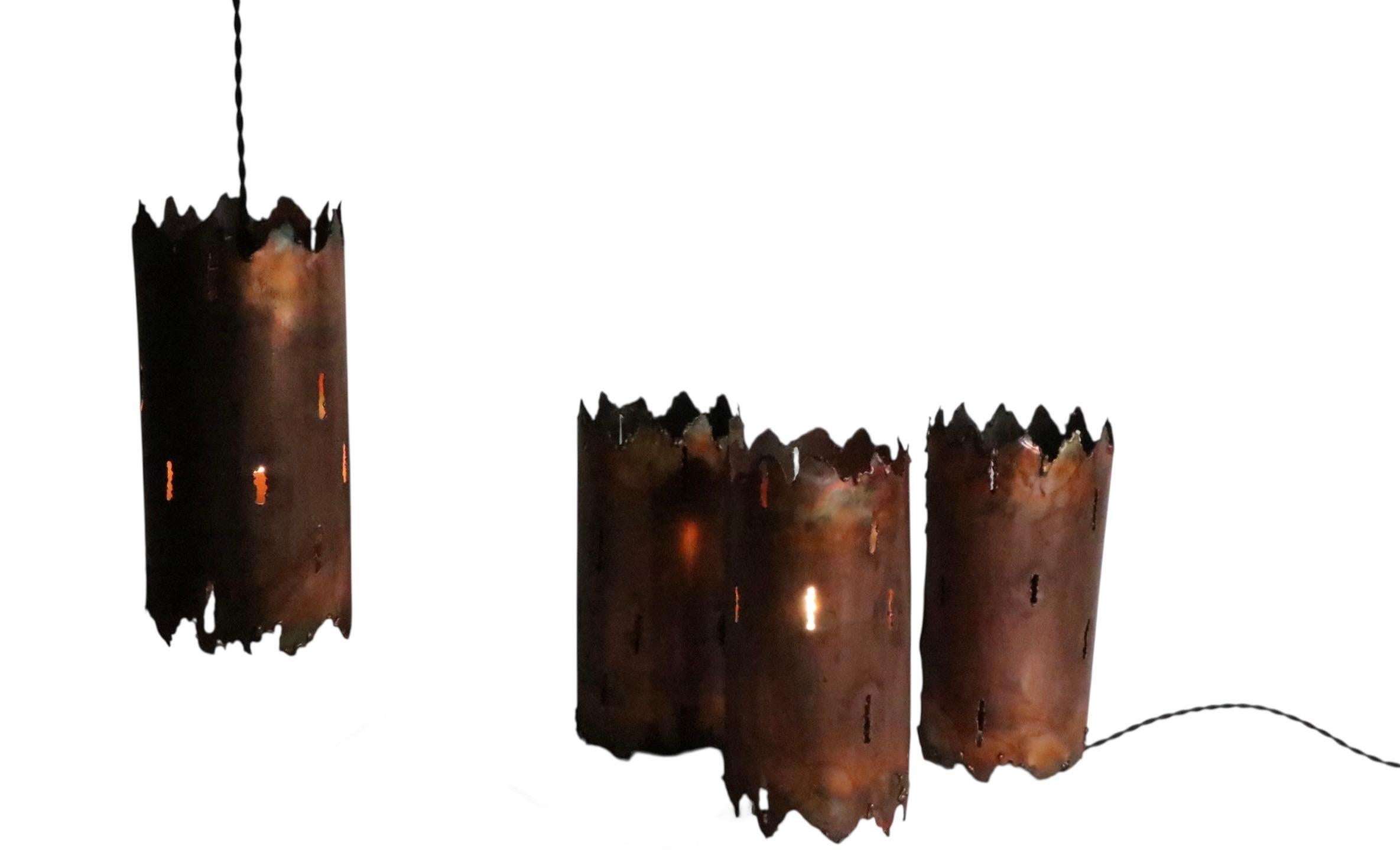 Late 20th Century 4 Brutalist Torch Cut Copper Cylinder Pendant Table Lamp Fixtures att. Tom Geene For Sale