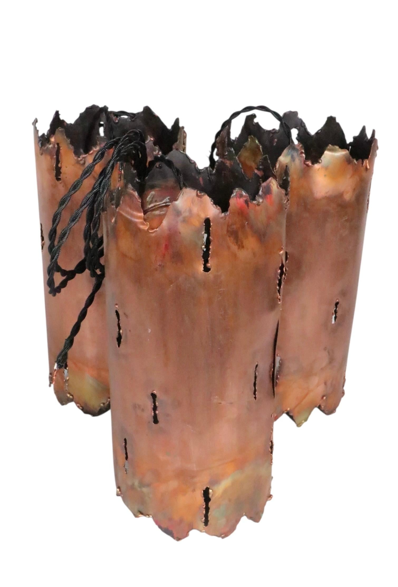 4 Brutalist Torch Cut Copper Cylinder Pendant Table Lamp Fixtures att. Tom Geene For Sale 1