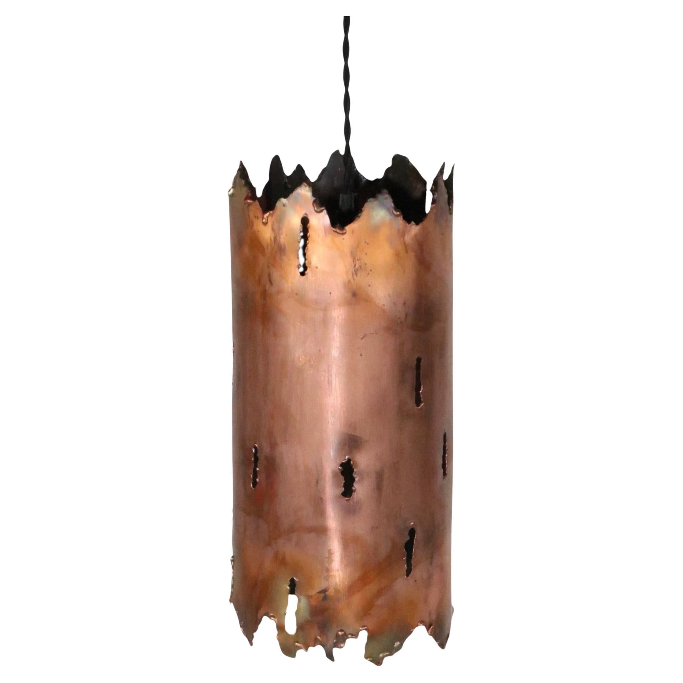 4 Brutalist Torch Cut Copper Cylinder Pendant Table Lamp Fixtures att. Tom Geene