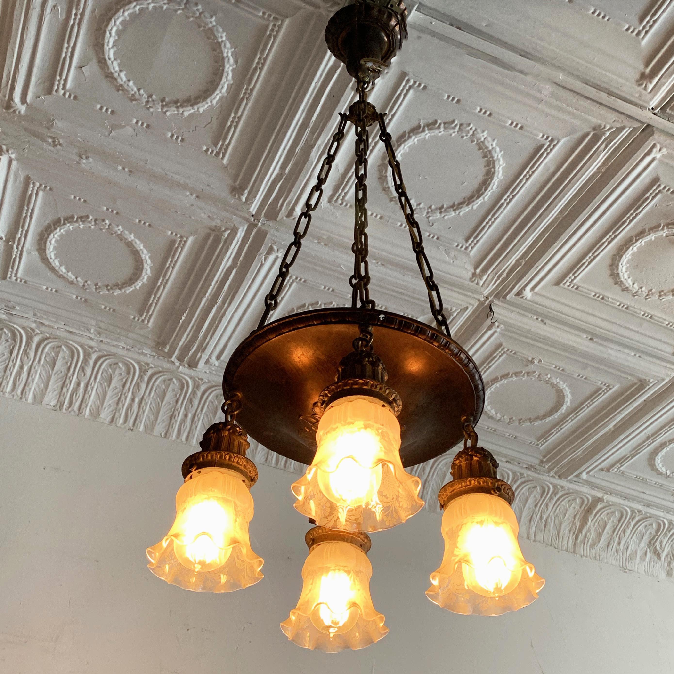 Late Victorian 4-Bulb Suspended Cast Metal Pan Chandelier