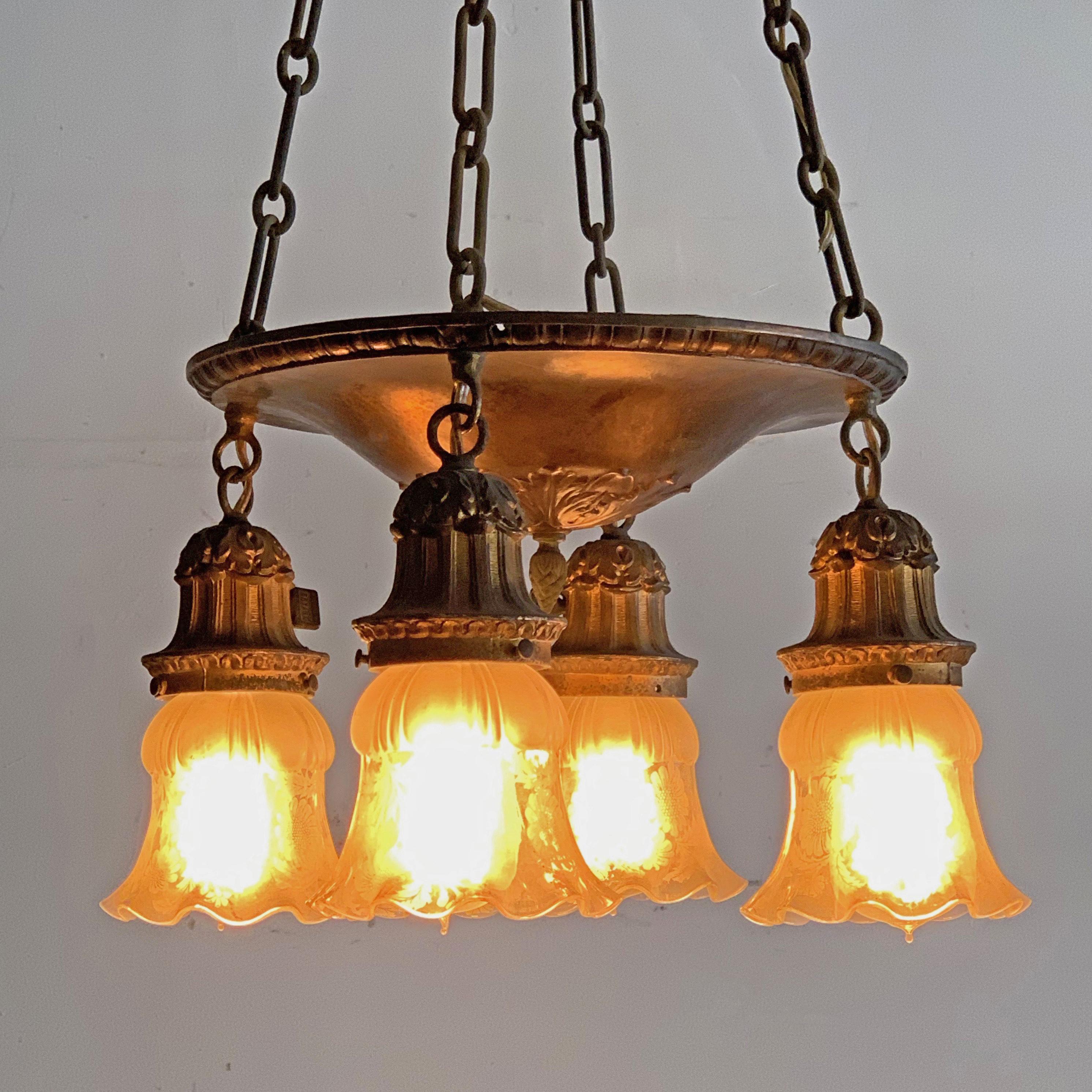 4-Bulb Suspended Cast Metal Pan Chandelier In Good Condition In Brooklyn, NY