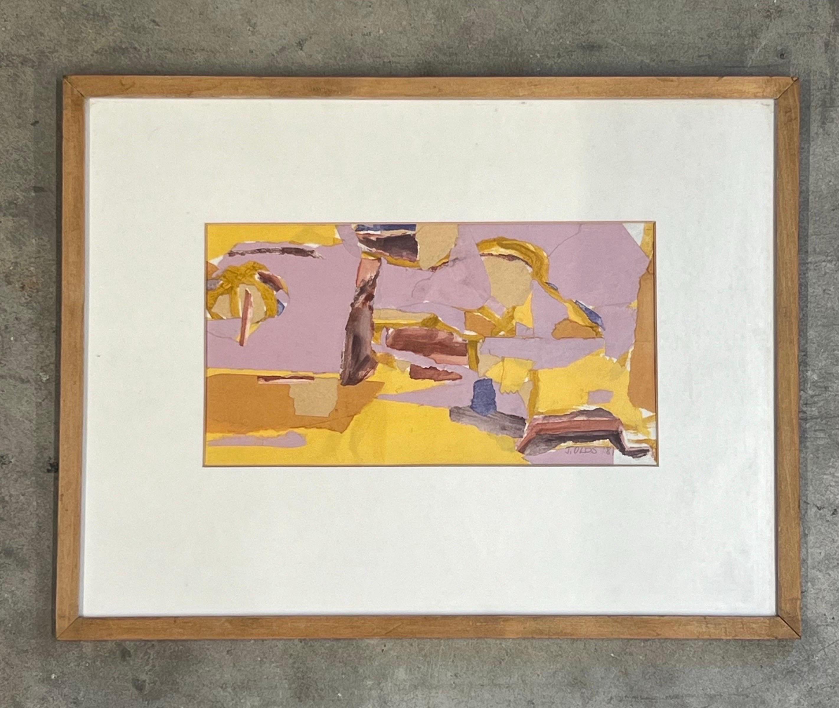 Collage vintage de Jean Olds. Intitulé #4 dans un cadre en bois mince d'origine. Les couleurs vives du jaune et du violet sont combinées pour créer du mouvement et de la texture. Datée de 1981, avec la signature de l'artiste, un cachet et des