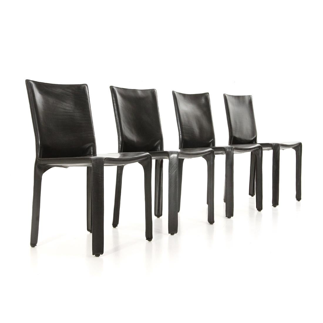Mid-Century Modern 4 “CAB” Chairs in Black Leather by Mario Bellini for Cassina, 1970s