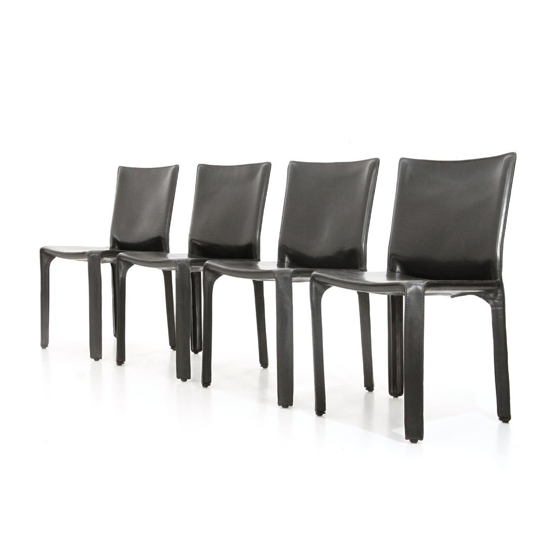 Italian 4 “CAB” Chairs in Black Leather by Mario Bellini for Cassina, 1970s