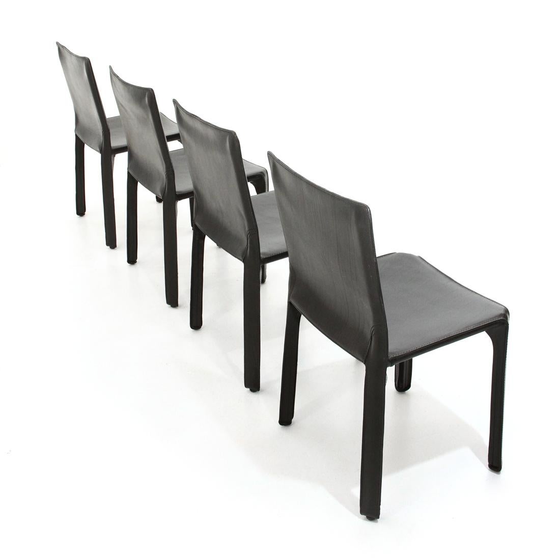 Late 20th Century 4 “CAB” Chairs in Black Leather by Mario Bellini for Cassina, 1970s
