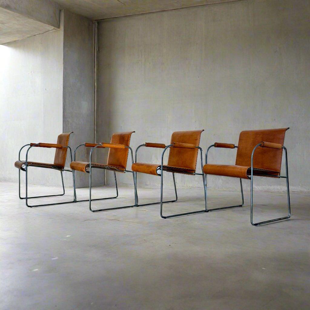 Mid-Century Modern 4 Camel Brown Saddle Leather Dining Chairs By Arrben Italy