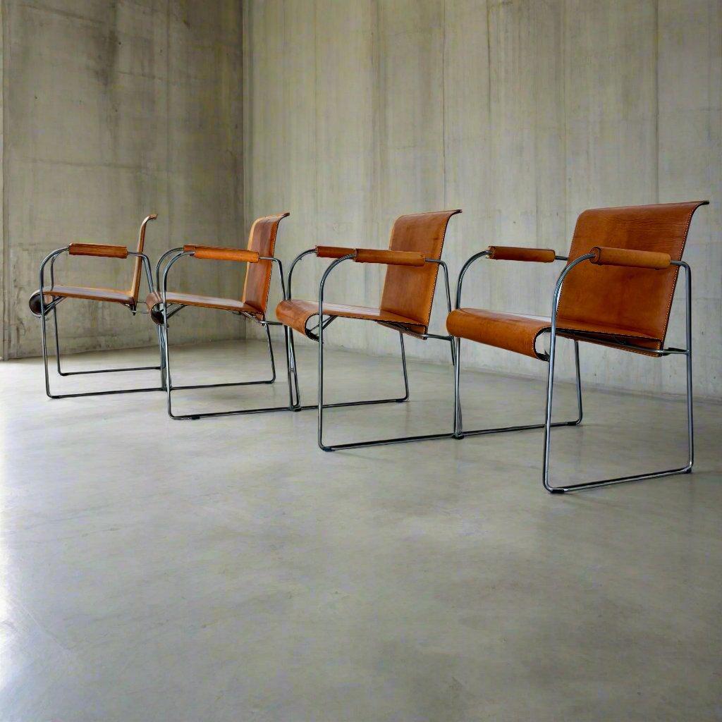 Italian 4 Camel Brown Saddle Leather Dining Chairs By Arrben Italy