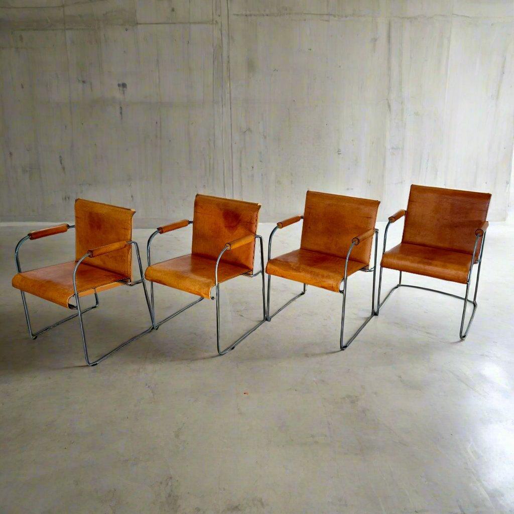 4 Camel Brown Saddle Leather Dining Chairs By Arrben Italy In Fair Condition In DE MEERN, NL