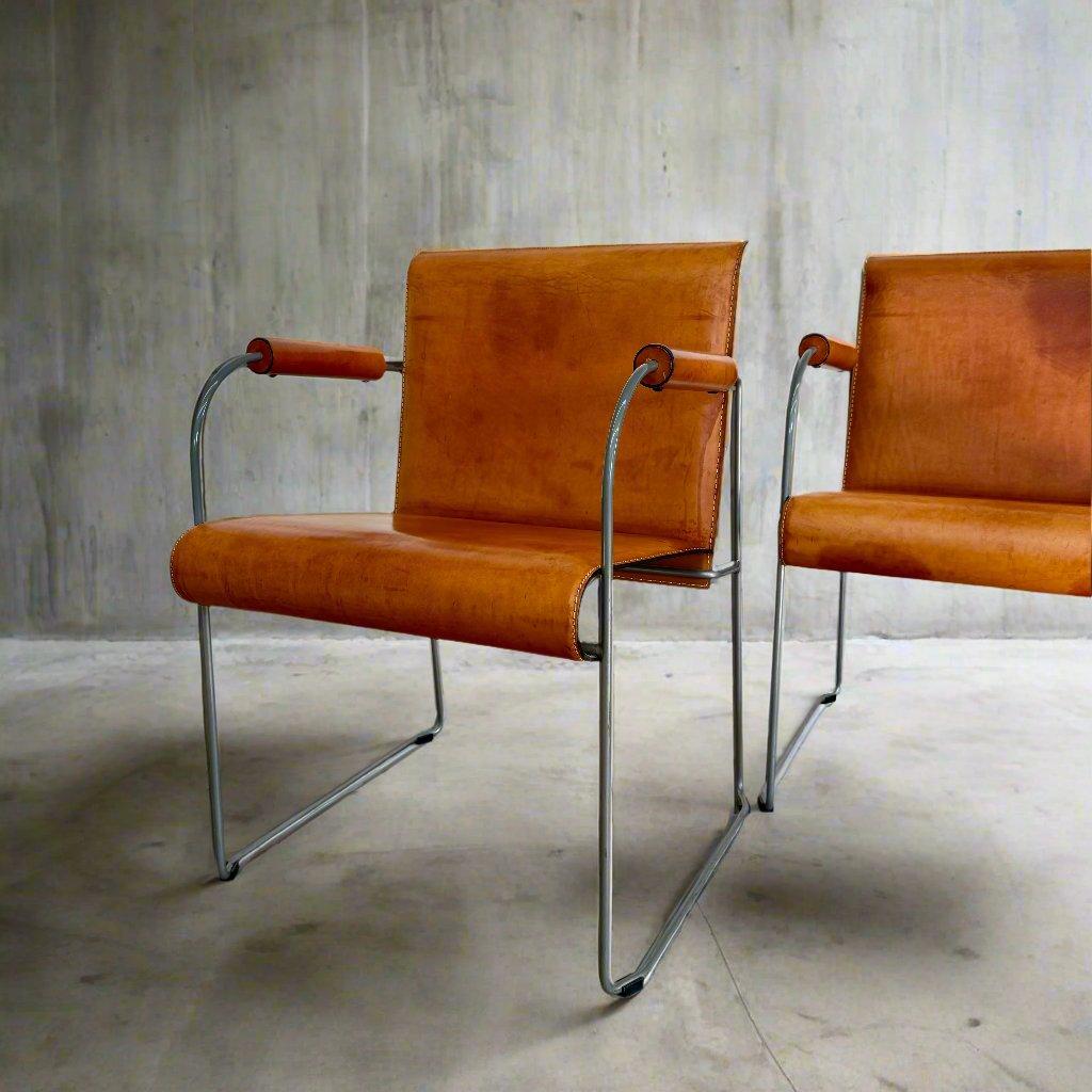 Late 20th Century 4 Camel Brown Saddle Leather Dining Chairs By Arrben Italy