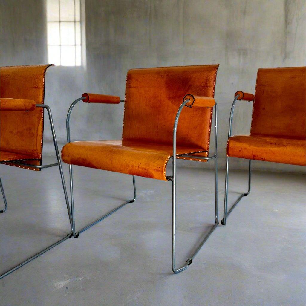 Metal 4 Camel Brown Saddle Leather Dining Chairs By Arrben Italy