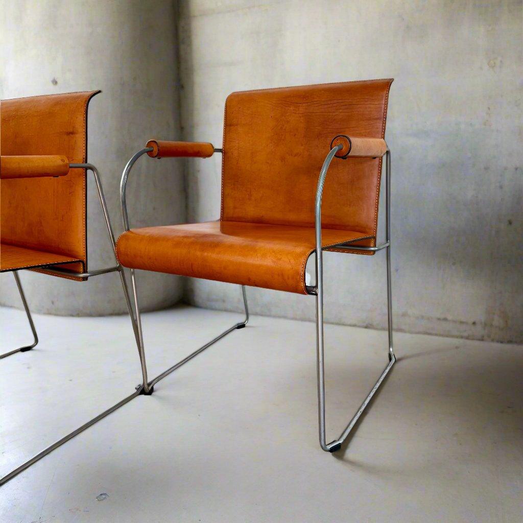 4 Camel Brown Saddle Leather Dining Chairs By Arrben Italy 1