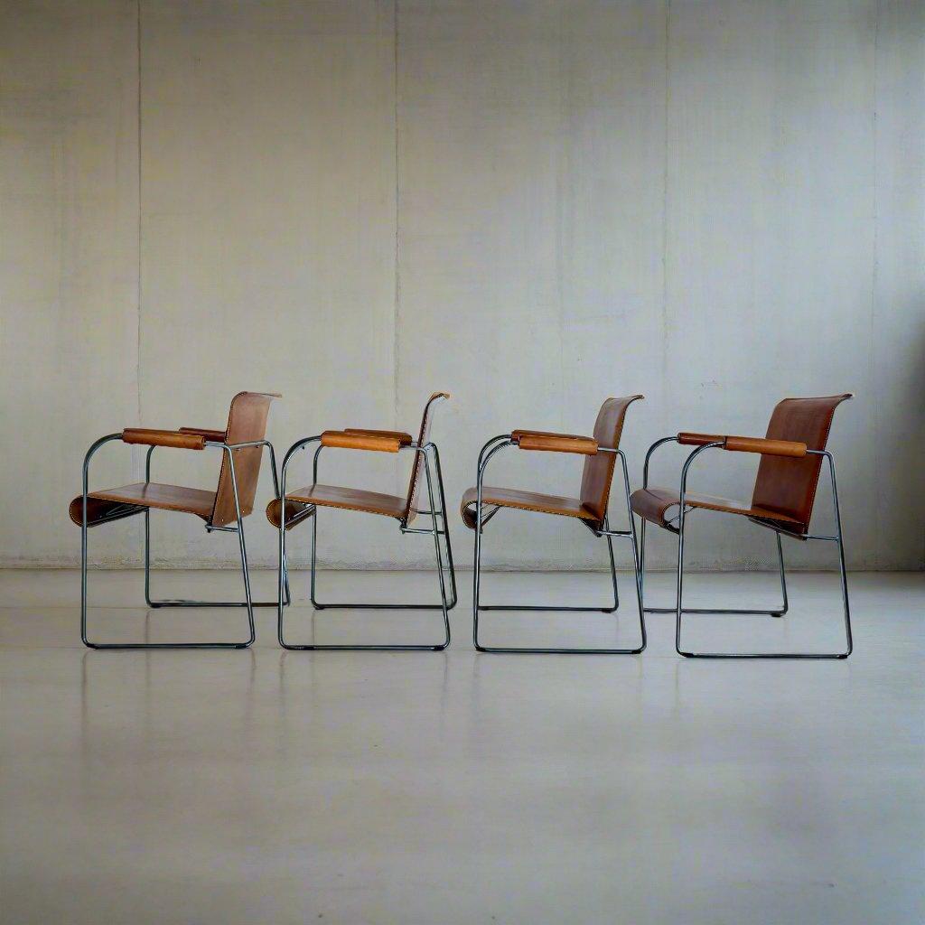 4 Camel Brown Saddle Leather Dining Chairs By Arrben Italy 2