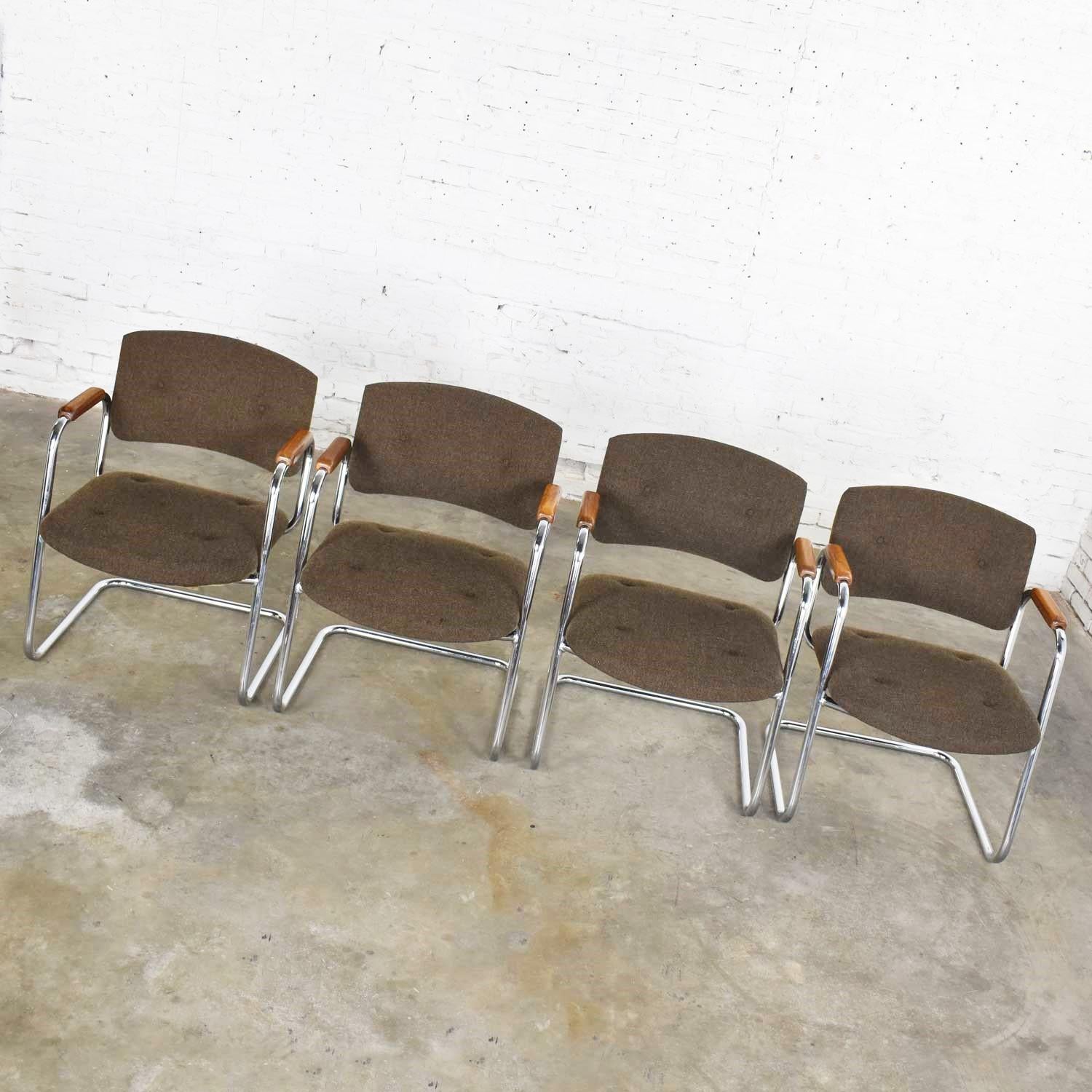 4 Cantilever Armchairs Chrome Brown w/ Wood Arms Style of Steelcase or Pollock 3