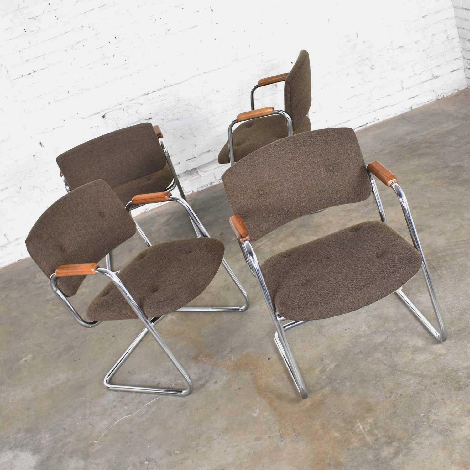 4 Cantilever Armchairs Chrome Brown w/ Wood Arms Style of Steelcase or Pollock 4