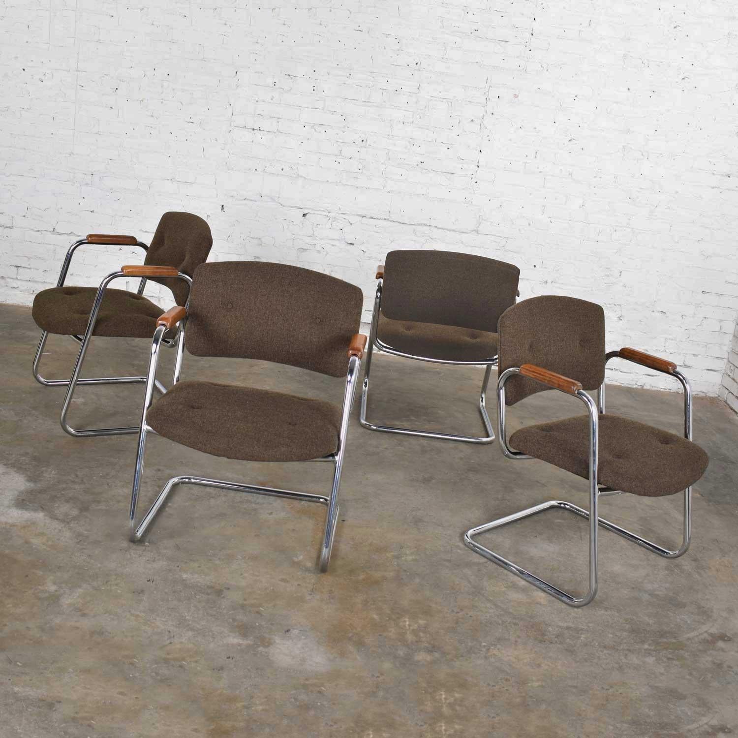 4 Cantilever Armchairs Chrome Brown w/ Wood Arms Style of Steelcase or Pollock 5