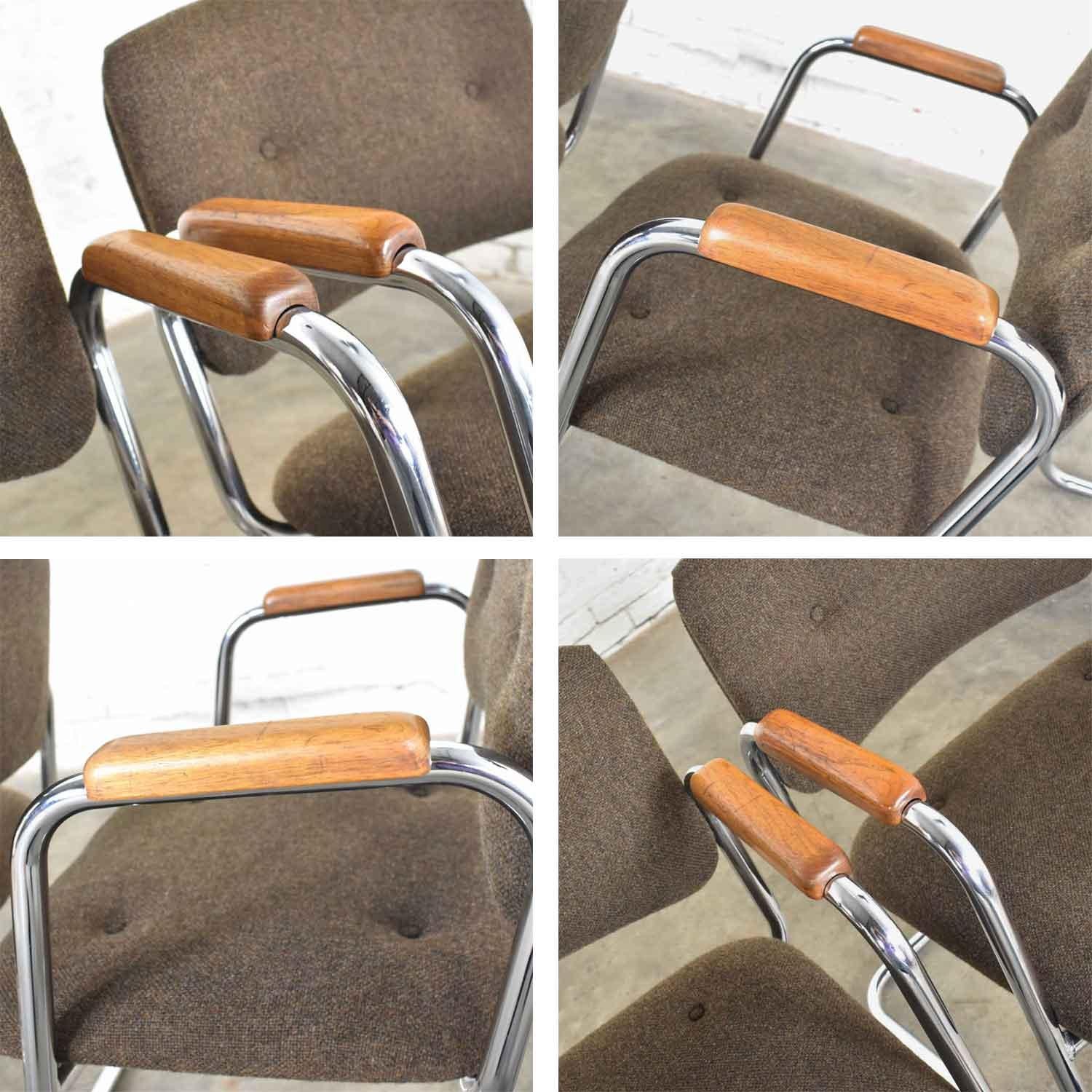 4 Cantilever Armchairs Chrome Brown w/ Wood Arms Style of Steelcase or Pollock 6