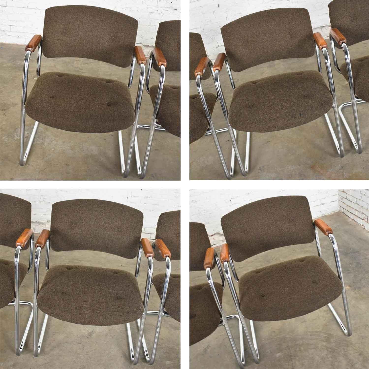 4 Cantilever Armchairs Chrome Brown w/ Wood Arms Style of Steelcase or Pollock 7