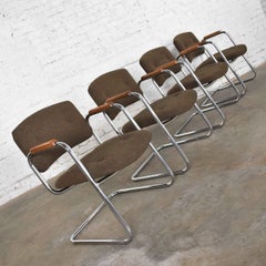 4 Cantilever Armchairs Chrome Brown w/ Wood Arms Style of Steelcase or Pollock