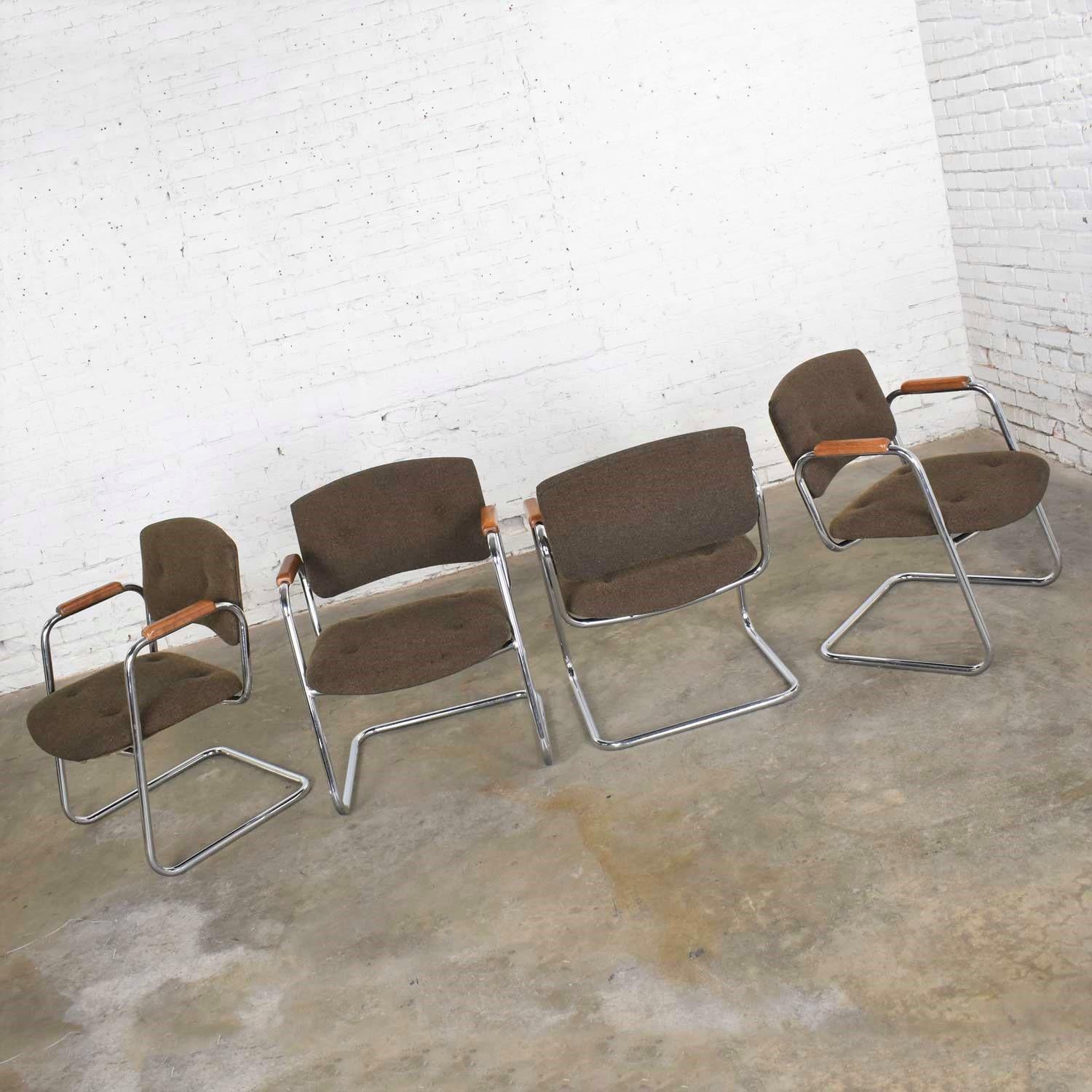 Modern 4 Cantilever Armchairs Chrome Brown w/ Wood Arms Style of Steelcase or Pollock