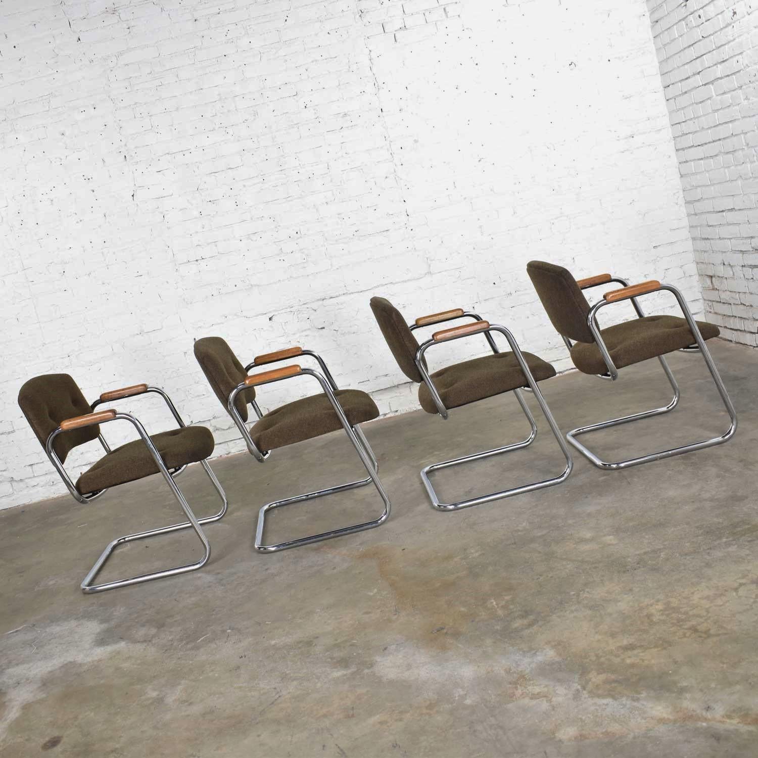 American 4 Cantilever Armchairs Chrome Brown w/ Wood Arms Style of Steelcase or Pollock