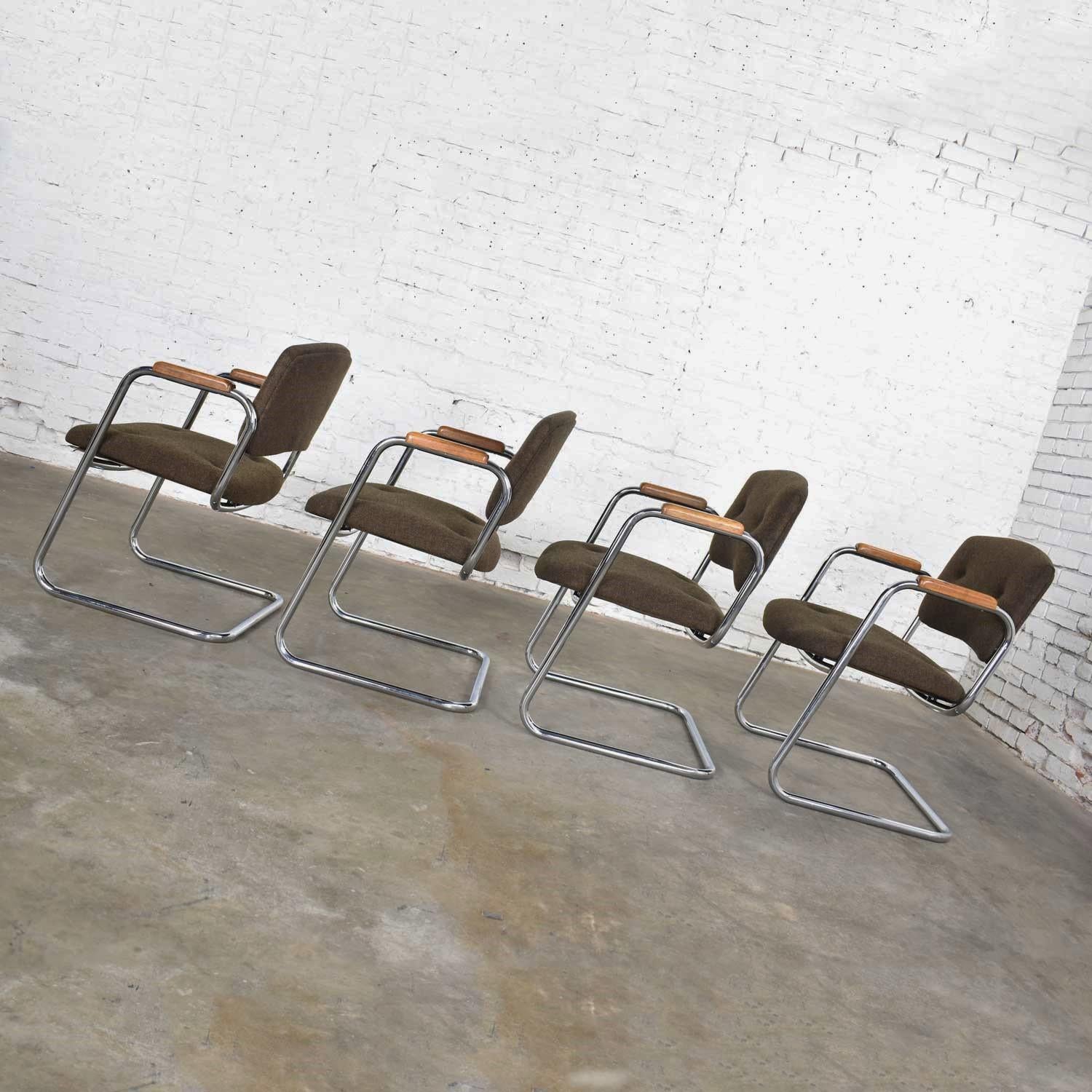 4 Cantilever Armchairs Chrome Brown w/ Wood Arms Style of Steelcase or Pollock In Good Condition In Topeka, KS