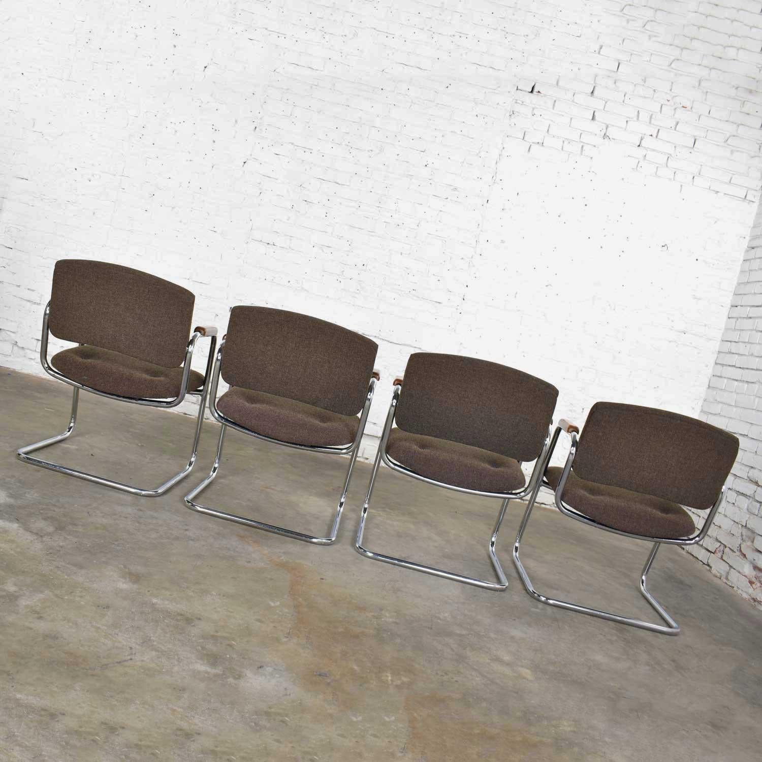 20th Century 4 Cantilever Armchairs Chrome Brown w/ Wood Arms Style of Steelcase or Pollock