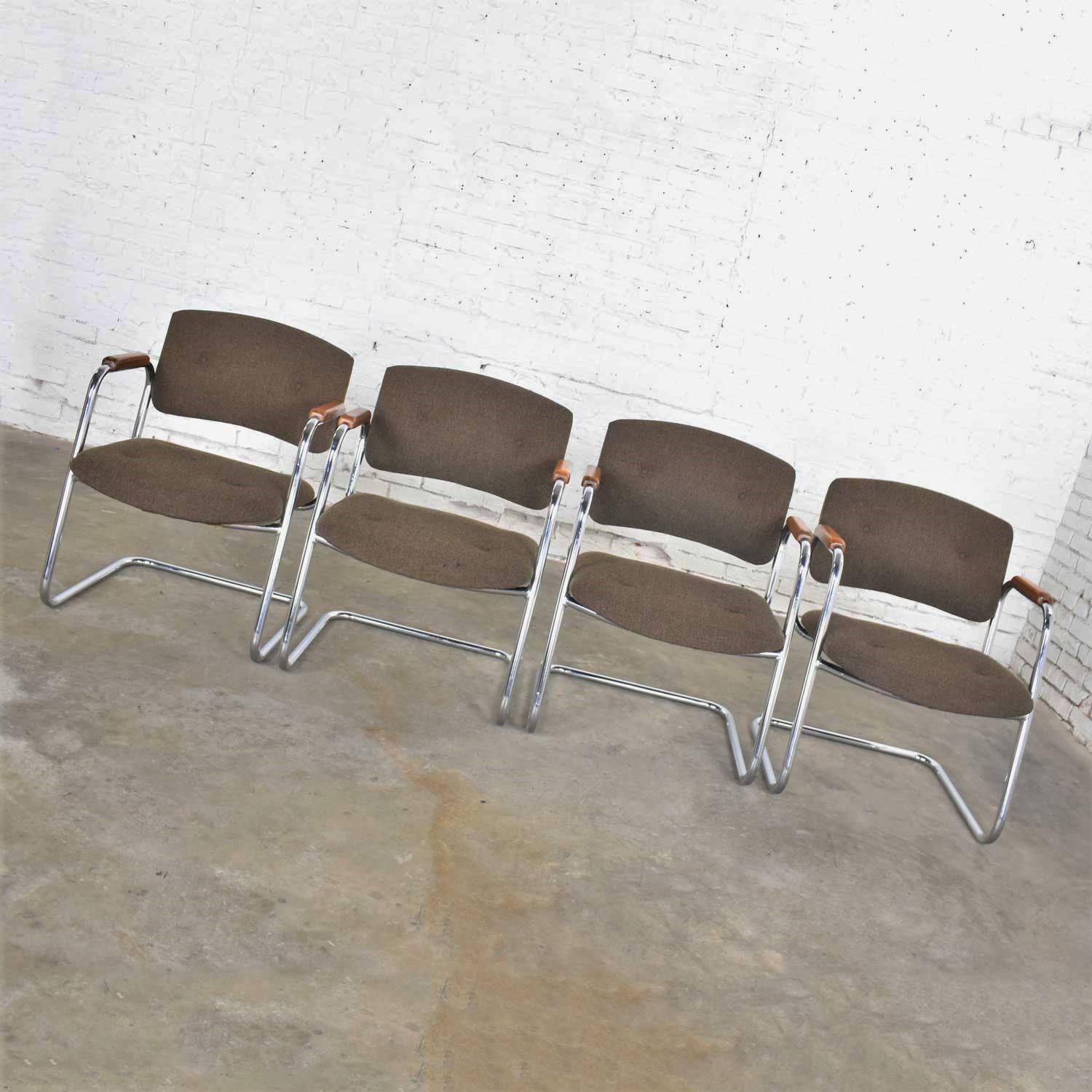 Fabric 4 Cantilever Armchairs Chrome Brown w/ Wood Arms Style of Steelcase or Pollock