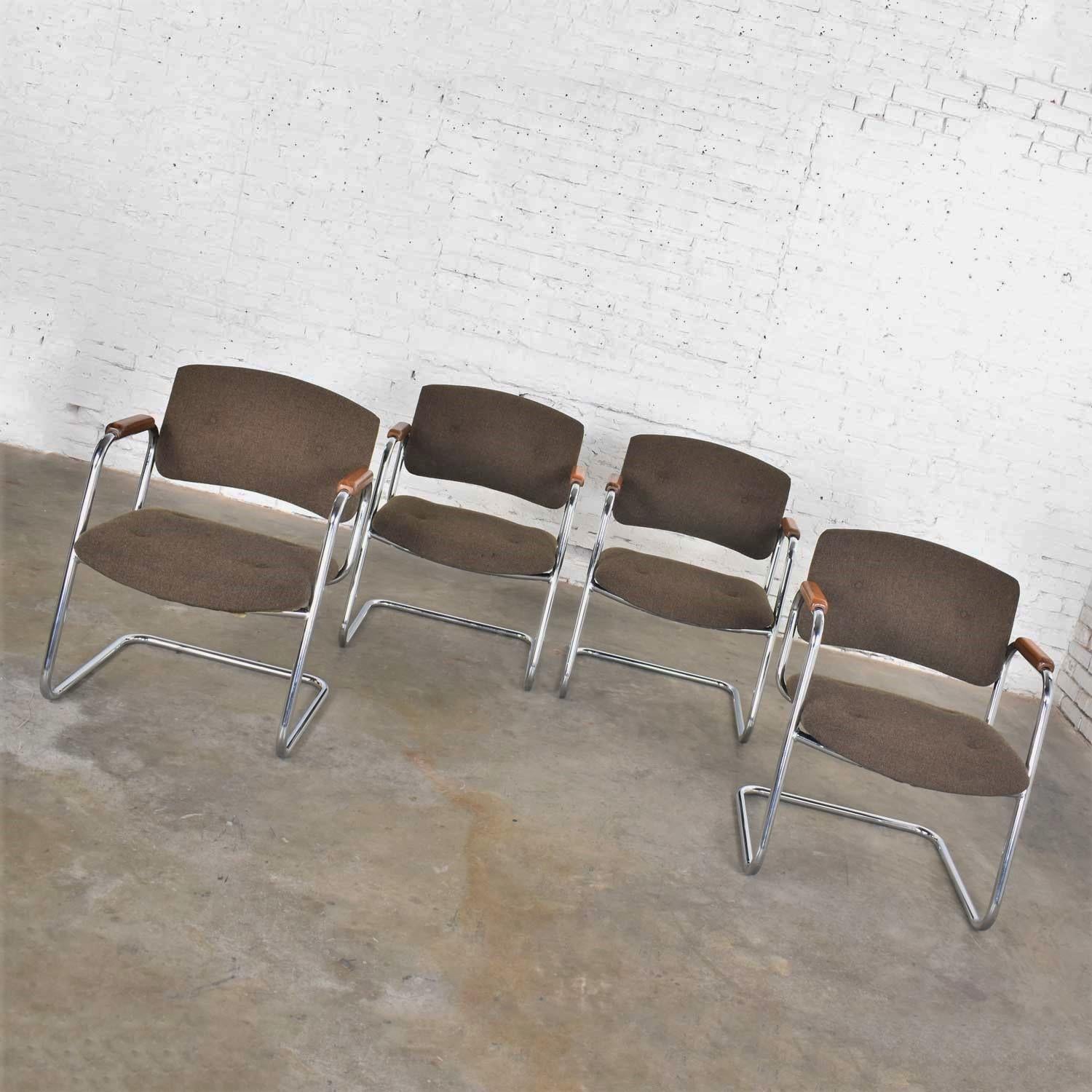 4 Cantilever Armchairs Chrome Brown w/ Wood Arms Style of Steelcase or Pollock 1
