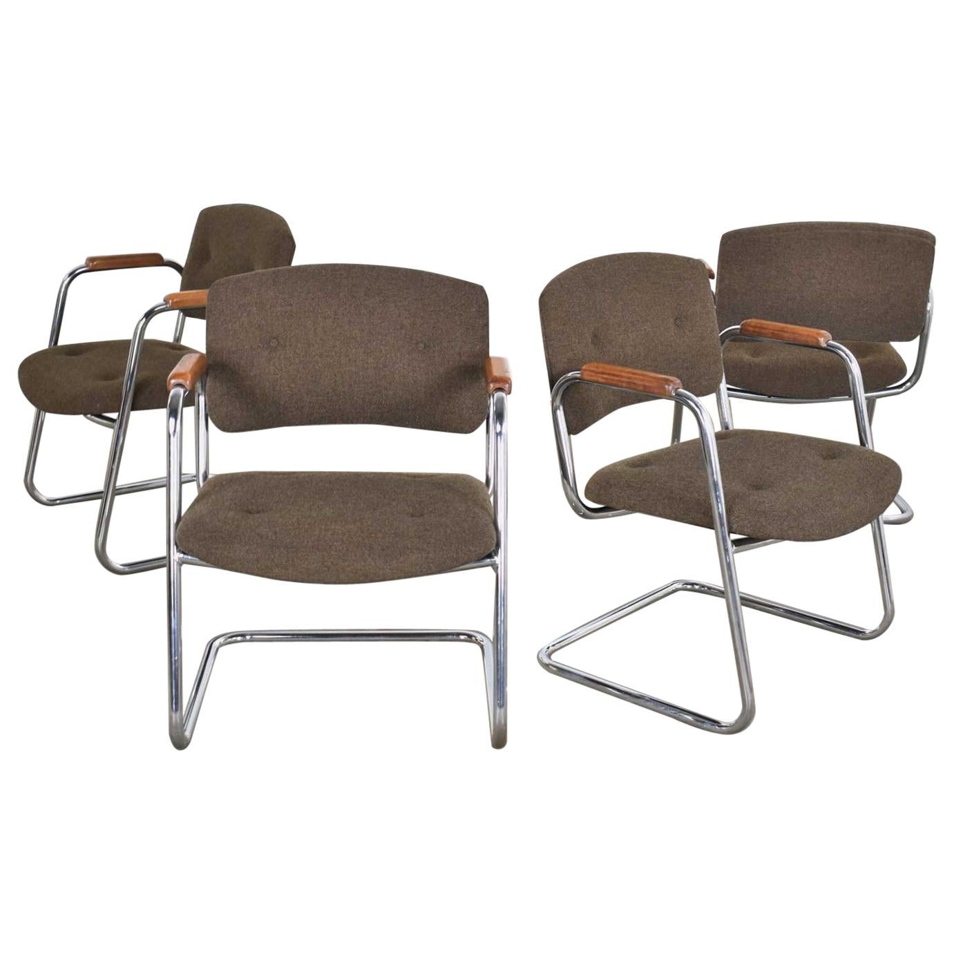 4 Cantilever Armchairs Chrome Brown w/ Wood Arms Style of Steelcase or Pollock
