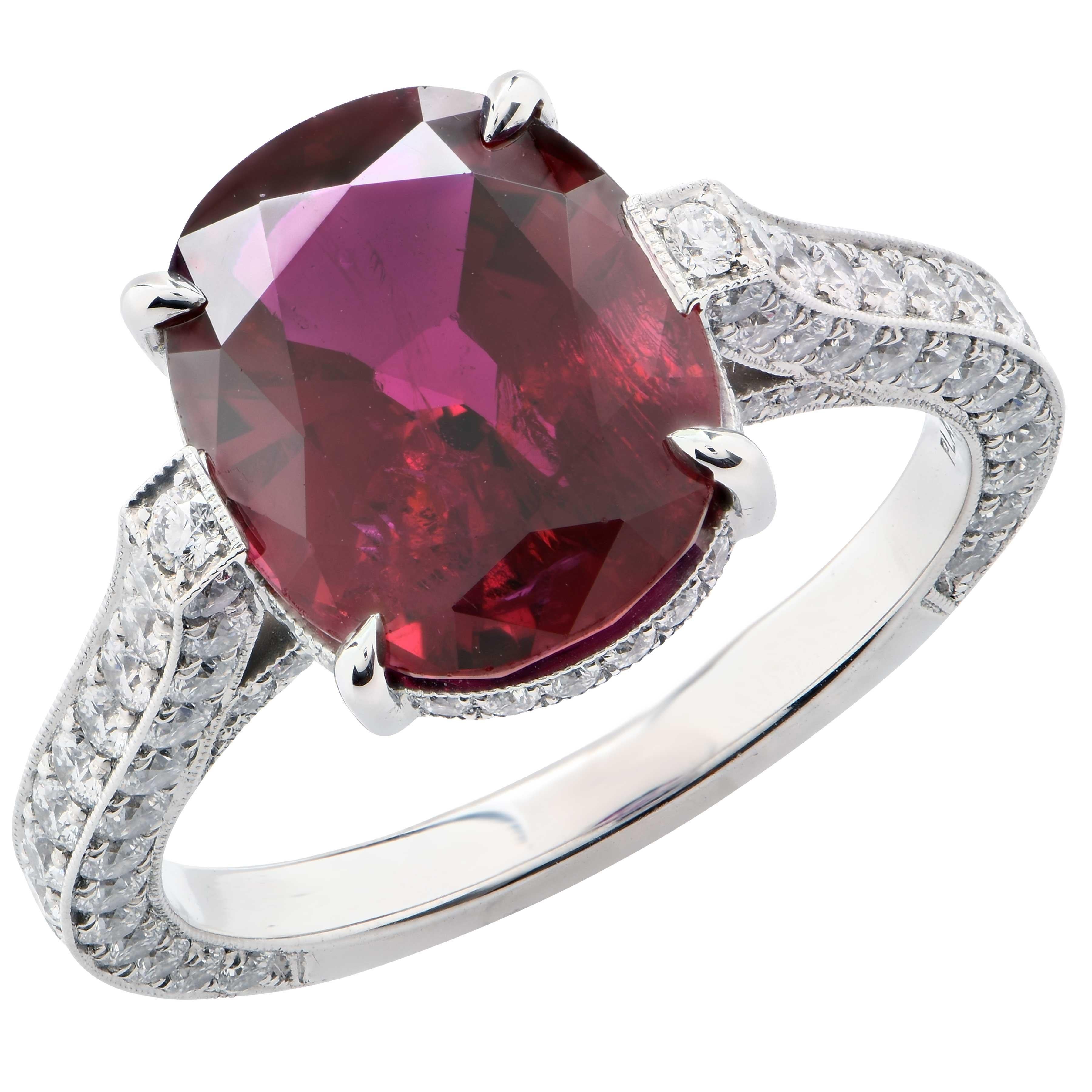Oval Cut 4.72 Carat AGL Graded No Heat Oval Ruby and Diamond Platinum Ring