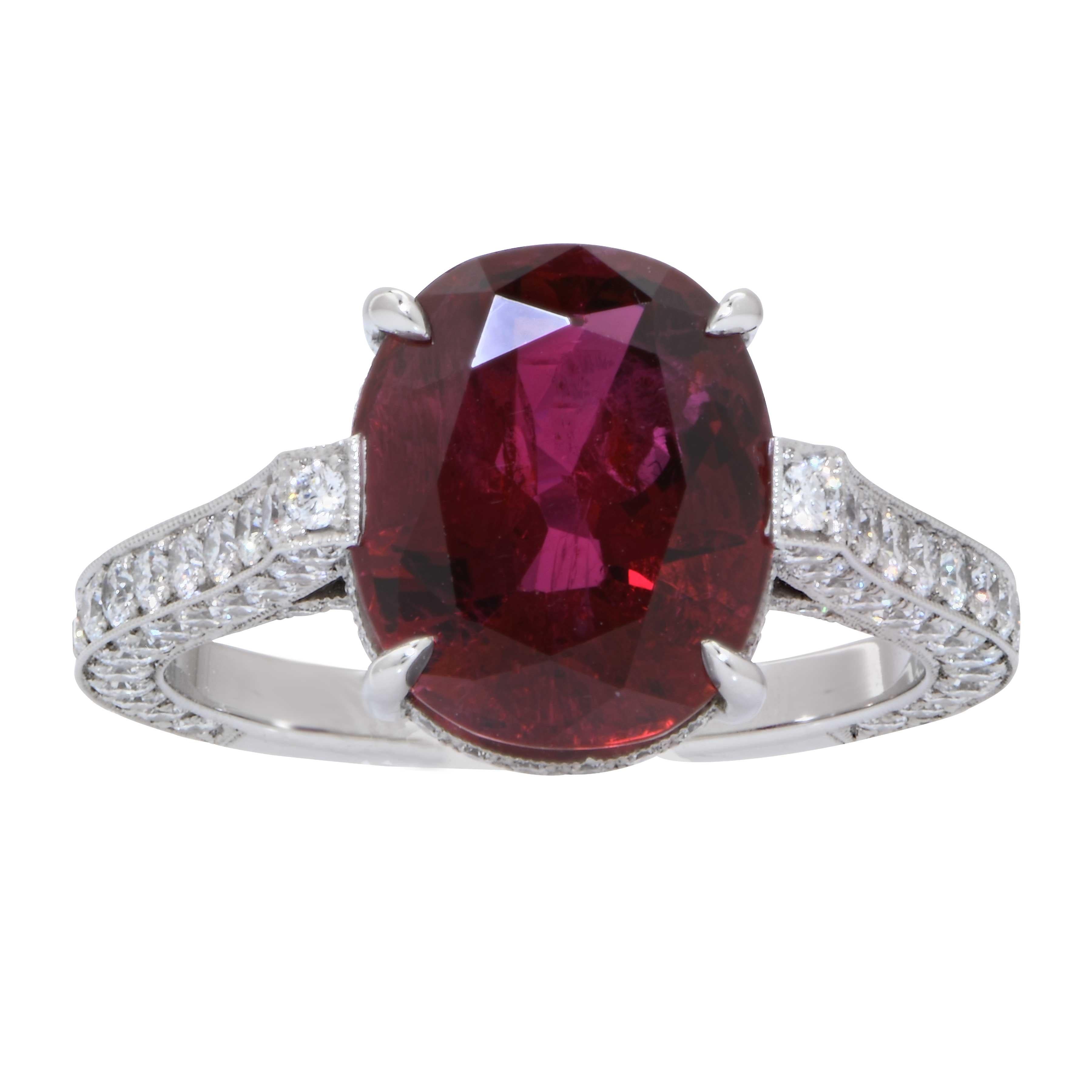 4.72 Carat AGL Graded No Heat Oval Ruby and Diamond Platinum Ring In New Condition In Bay Harbor Islands, FL