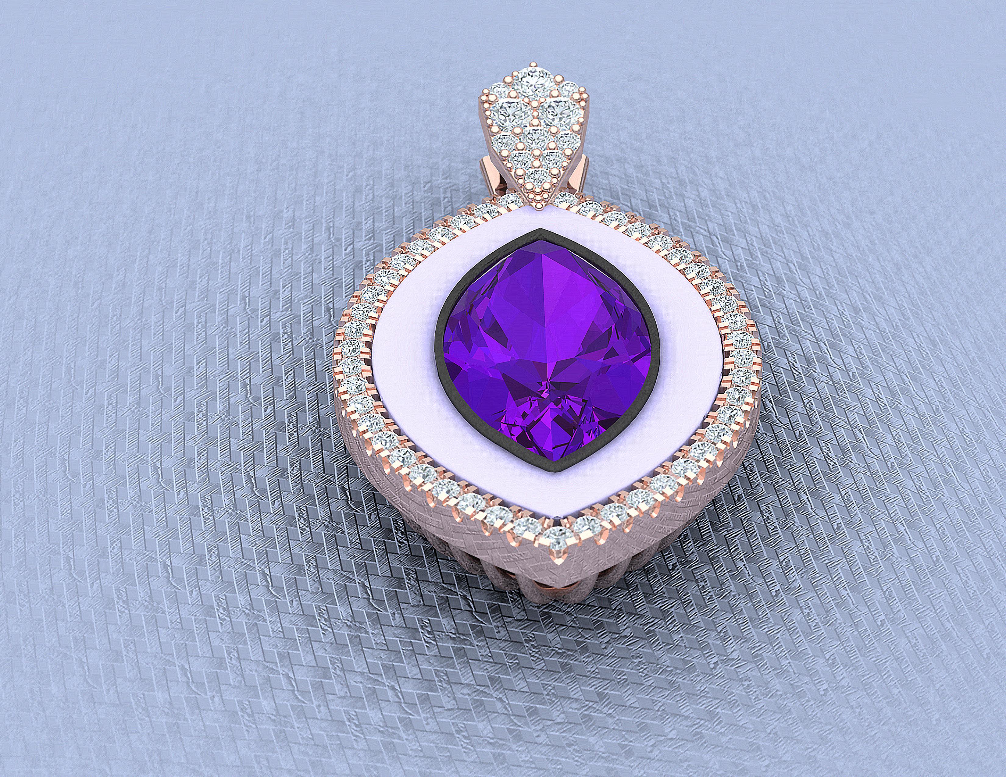 Marquise Cut 4 Carat Amethyst and Diamond Rose Gold Pendant For Sale